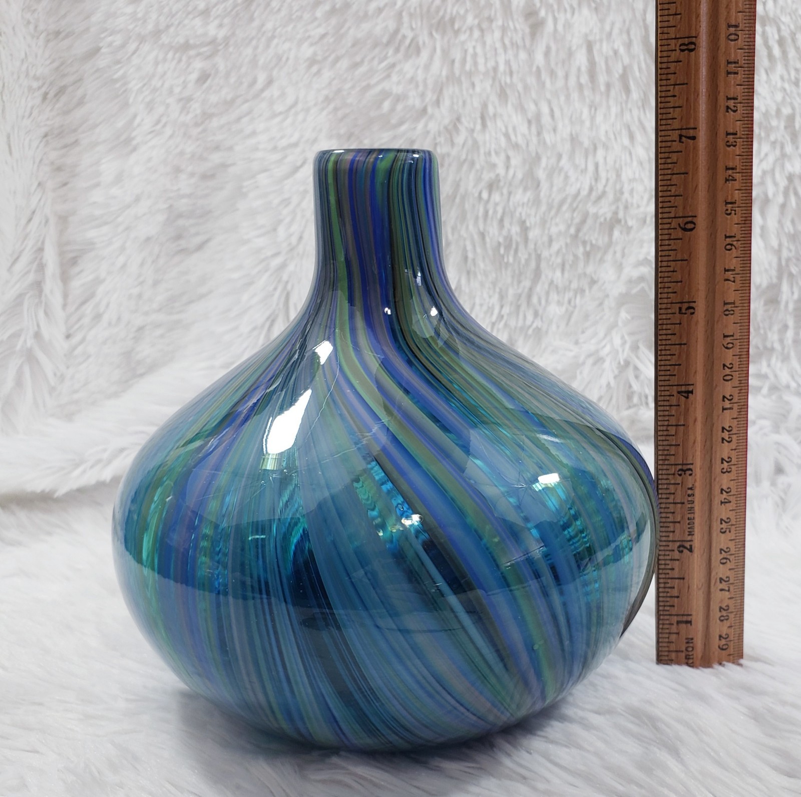 Heavy Murano Style * Handblown Art Glass Vase * Blue Green Black Lavender Blown