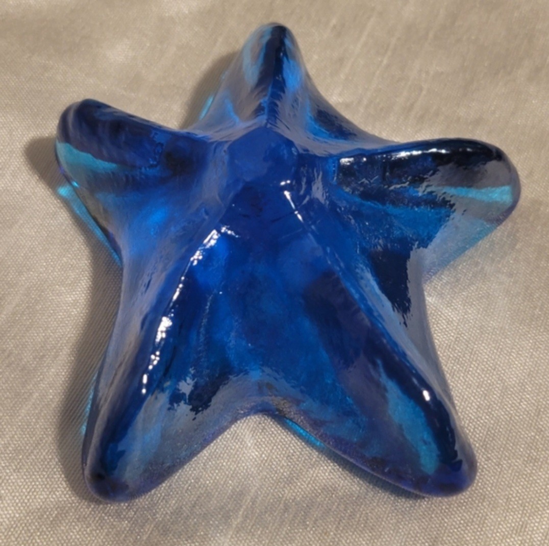 Opalescent Blue Glass Beach Paperweight Set: Starfish & Sand Dollar Decorative