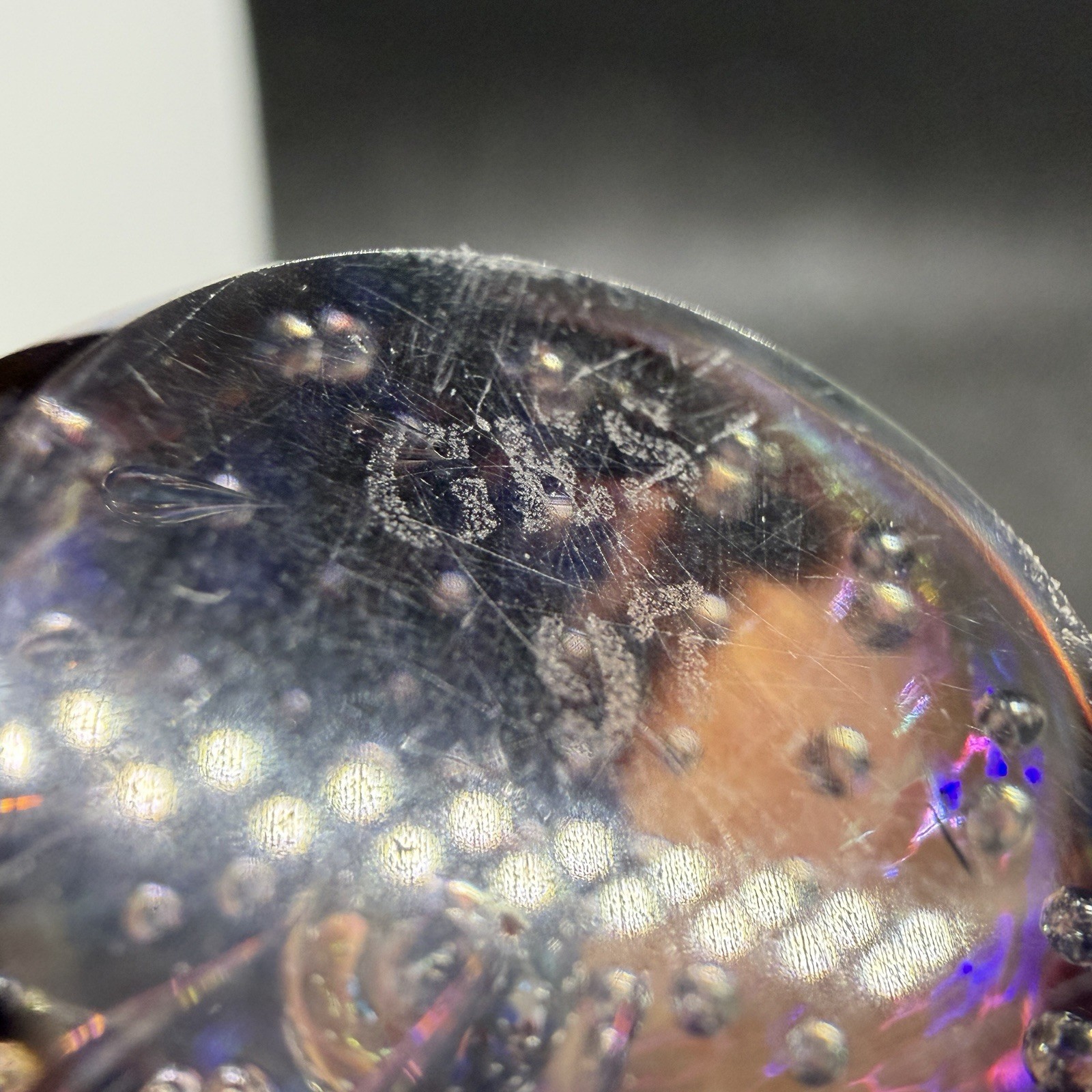 1997 Glass Eye Studio Egg Form Glass Paperweight w Swirl & Iridescent Decoration