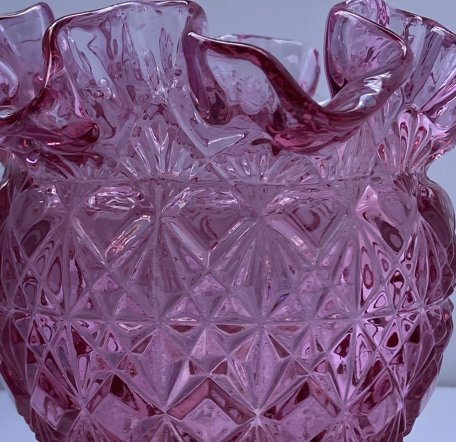 Fenton Glass Vase Vintage 1980’s Cranberry Ruffled Rim Diamond Star Pattern