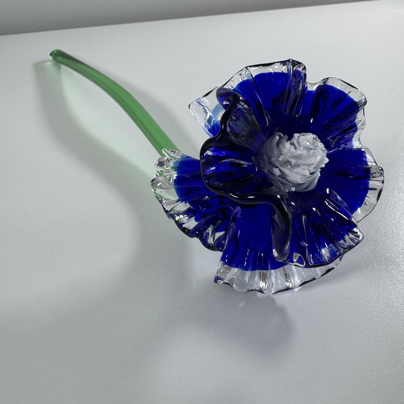 Hand Blown Flower Art Glass Murano Style Blue Long Stem Glass Flower 14”