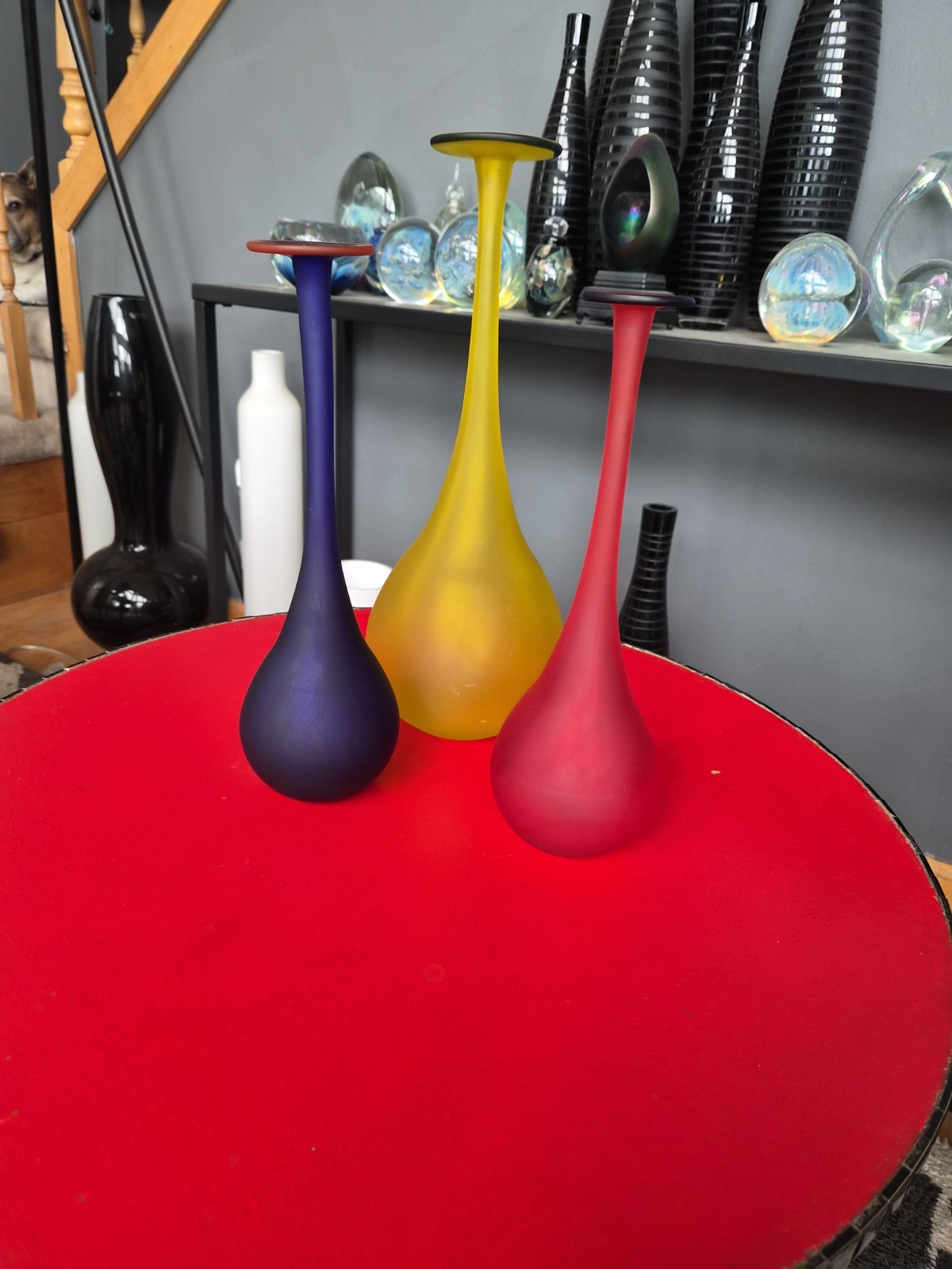 3 Carlo Moretti Satinato MCM Vases, One Red and One Yellow One Blue