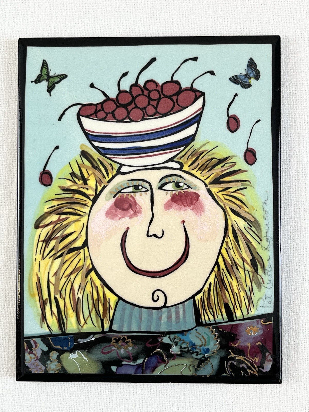 Pat Custer Denison Tiles “My Hat is Just a Bowl of Cherries” Signed