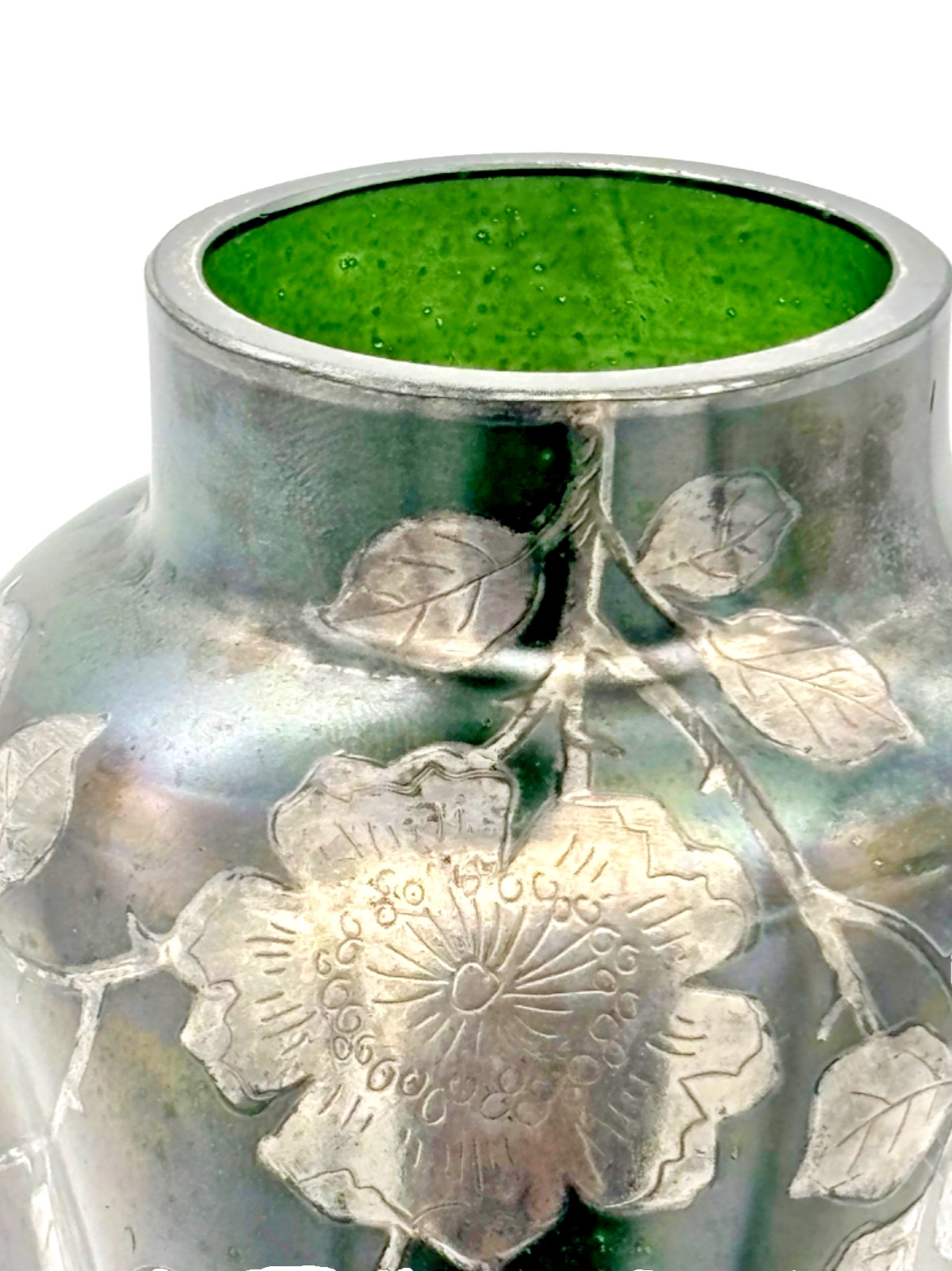 Antique Glass and Silver Inlaid Austrian Vase H: 5″