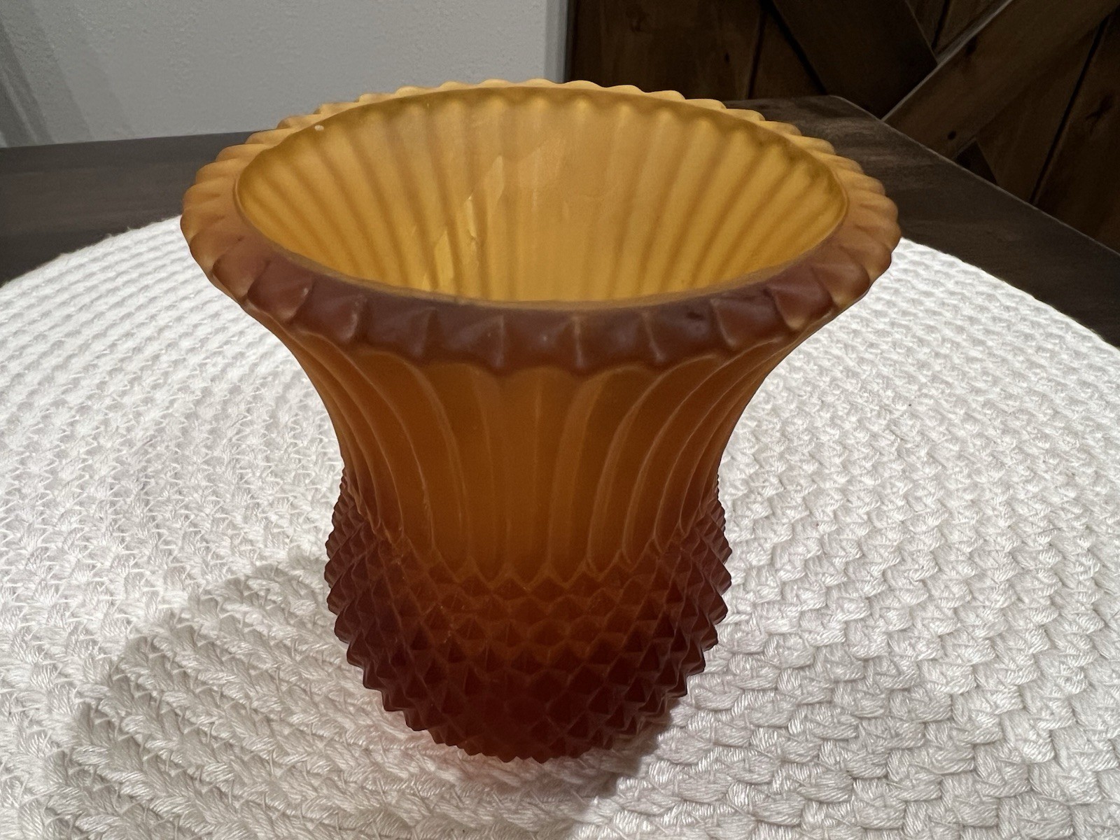 Vintage Faroy Amber Glass Diamond Point Votive Candle Holder, Made In USA!