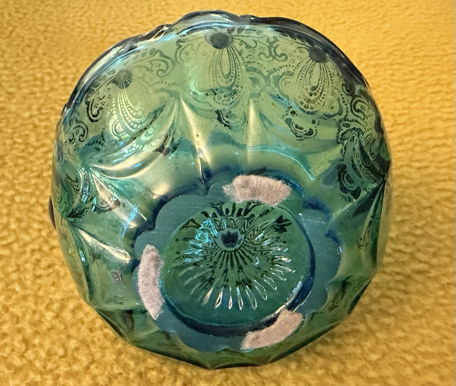 Blue Glass Decorative Basket w/ Handle, Floral Pattern, Oval 7x4x3 in