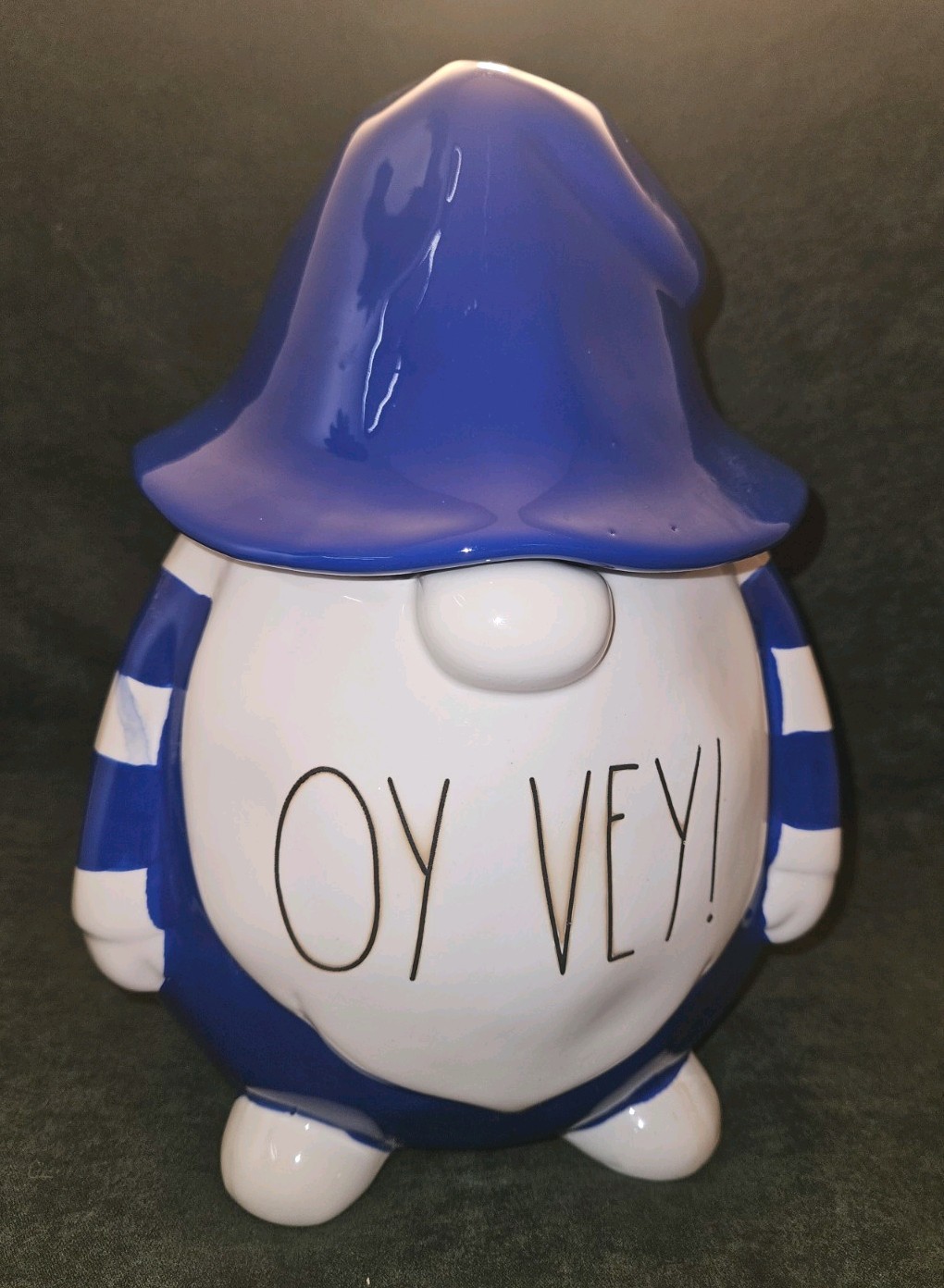 Rae Dunn Artisan Oy Vey Gnome Ceramic Figurine Blue White Striped