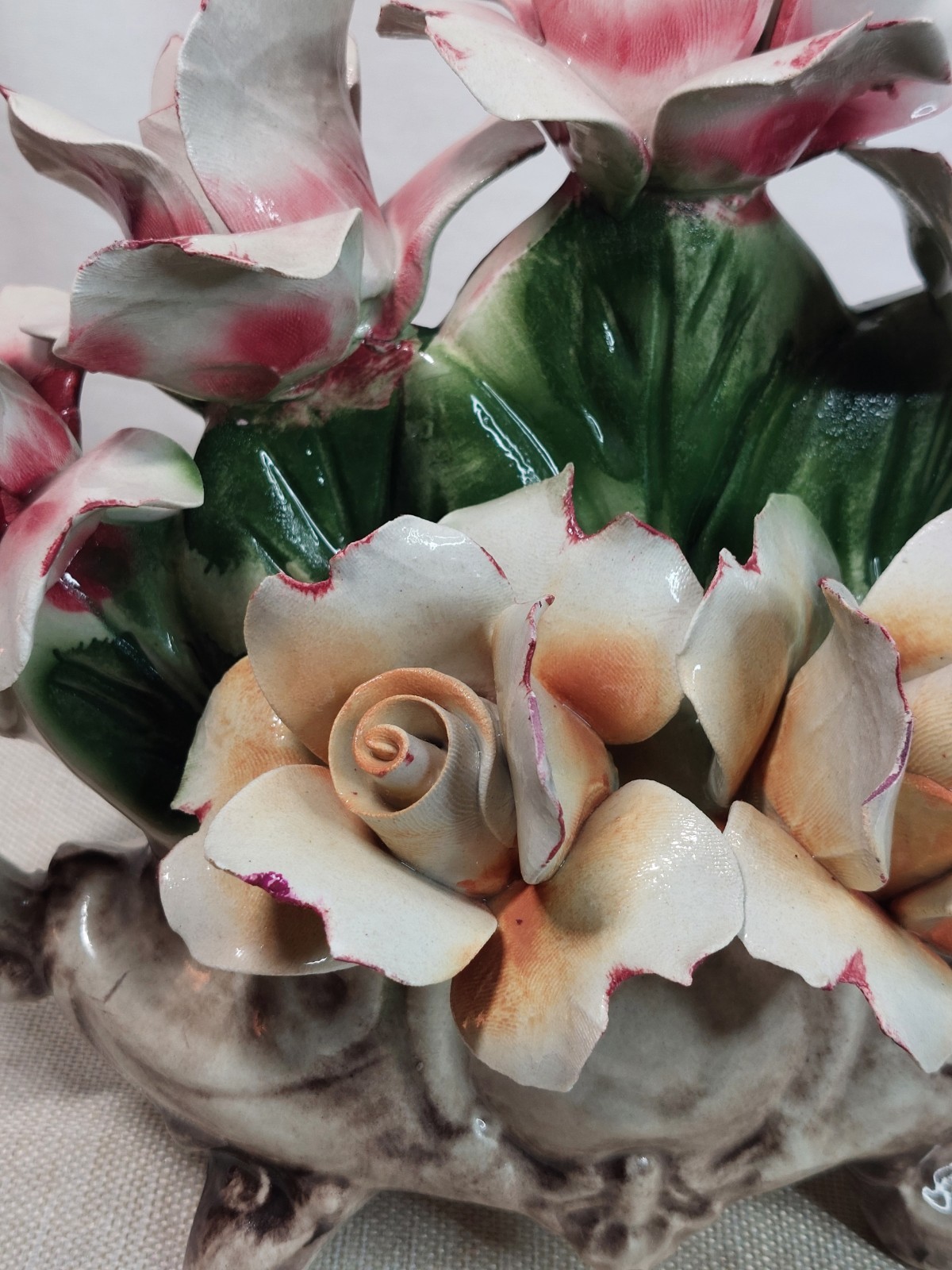 Vintage Capodimonte Pink Yellow Roses Porcelain Bouquet Italy Shabby Chic Decor