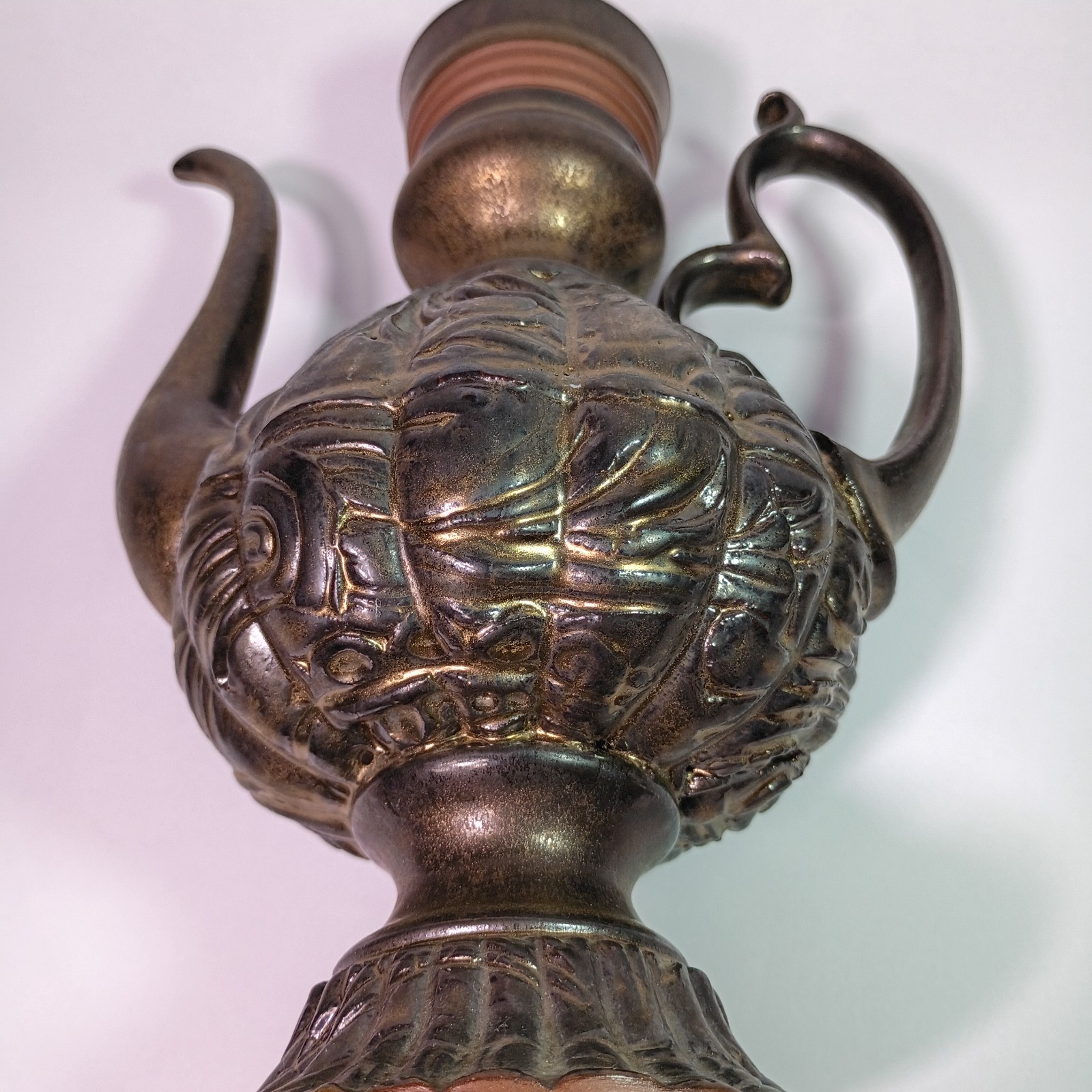 Studio Pottery Lidded Ewer Metallic Bronze Glaze Ornate Relief Art Pottery