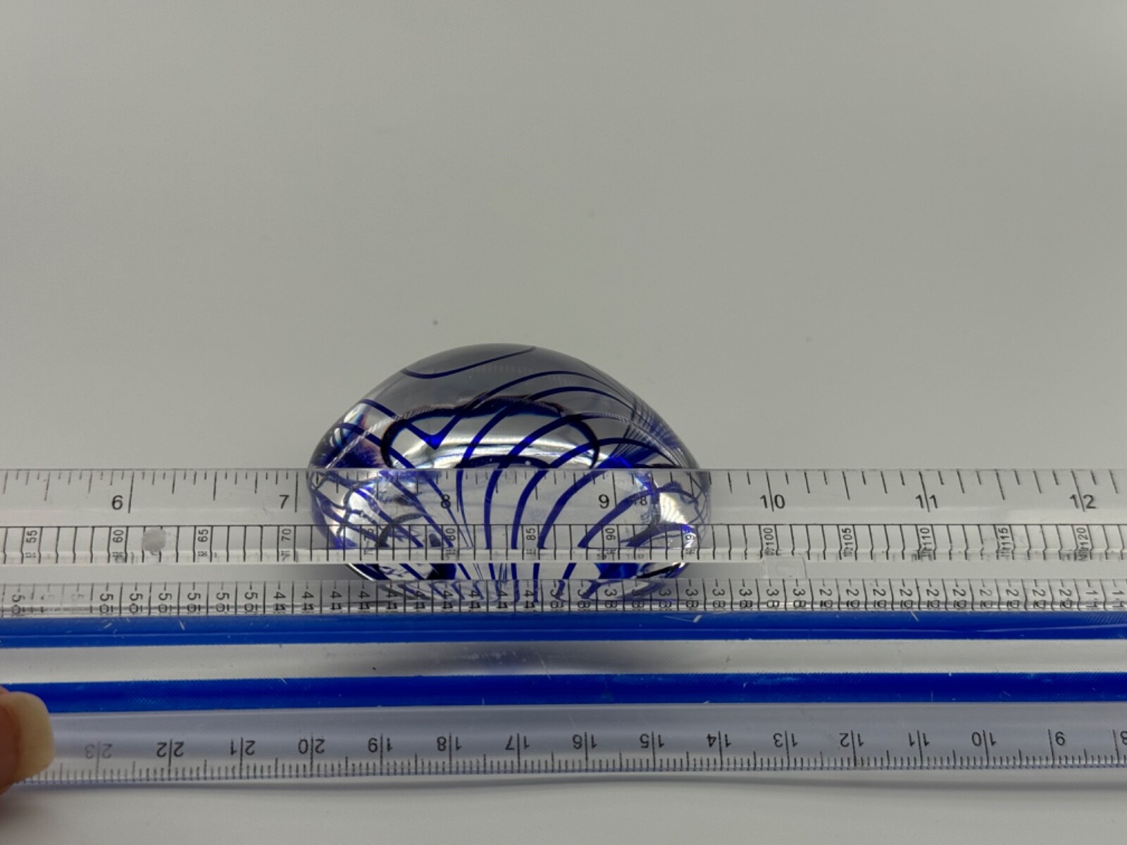 Clear and Cobalt Blue Swirl Art Glass round Shaped Hand blown Paperweight 2.5”