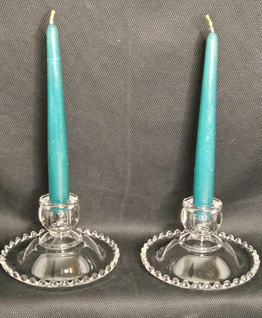Imperial Clear Glass Candlewick Candle Holders/ Beaded edge around base Set…