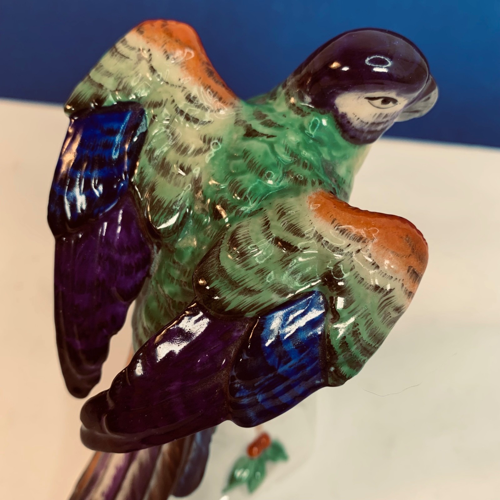 Antique Porcelain Parrot Bird Figurine Adolf Leube of Dresden Germany 4.5″