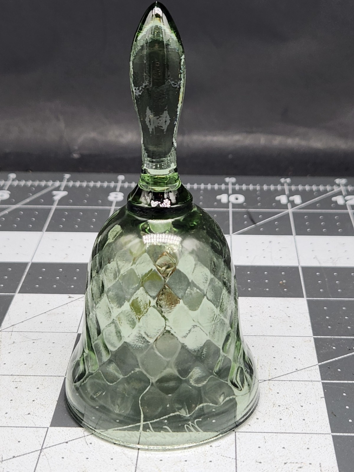 Fenton green Diamond Point Optic Glass Signed Marilyn Wagner- Mother Bell