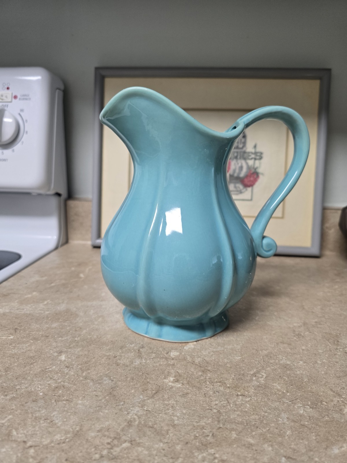 Vintage Turquoise Ceramic Pitcher Vase Approx 8″