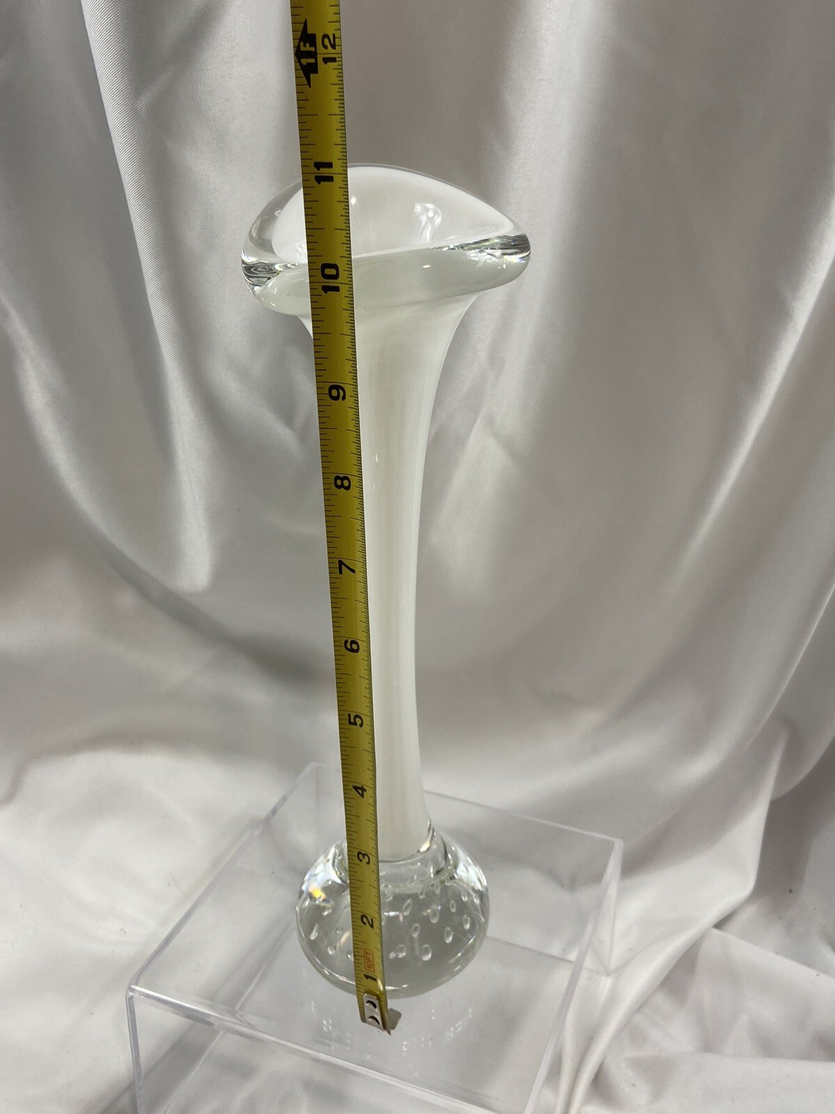 Vintage White Clear Art Glass Bud Vase Controlled Bubbles Base