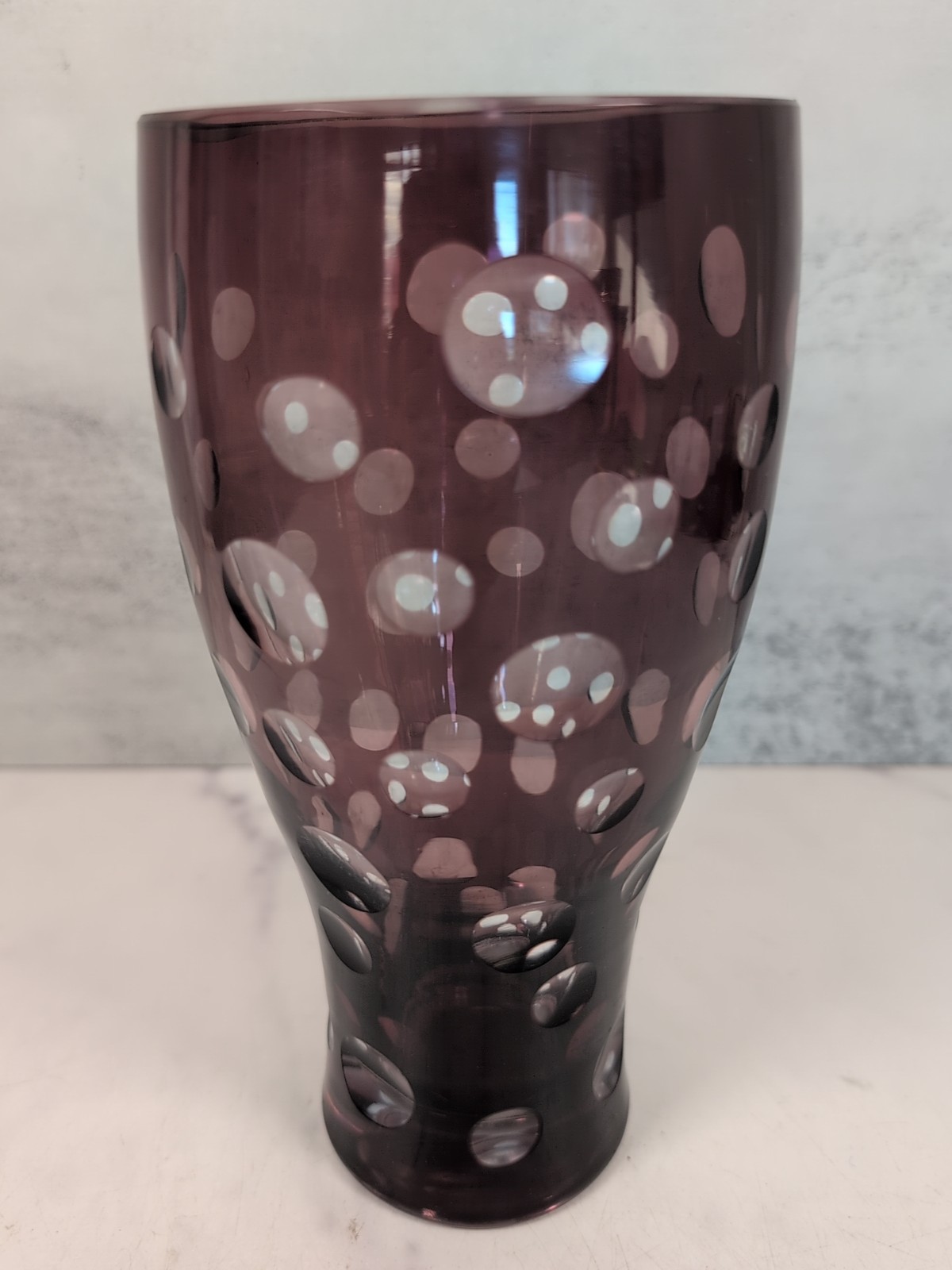 Bohemian Amethyst Cut to Clear Crystal Vase Czech Polka Dot Art Glass Decor
