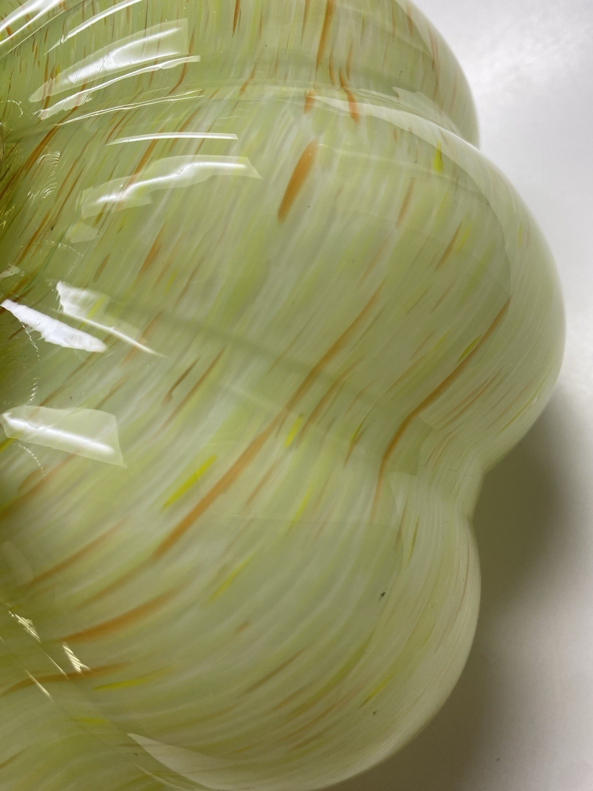 Hand Blown Art Glass Pumpkin Orange Green Flecks Twisted Reeded Clear Stem 9”