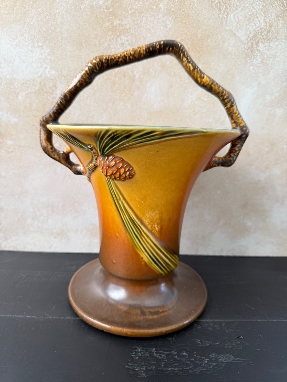 VINTAGE 1930’S ROSEVILLE BROWN PINE CONE BASKET VASE 338-10 MINTY