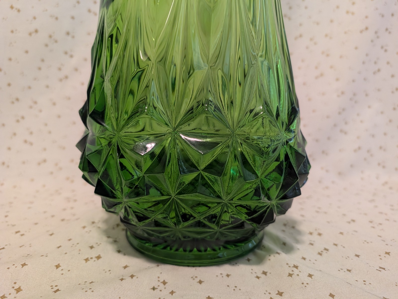 L.E. Smith Diamond Butt Swung Vase Avocado Green 22” MCM Glass