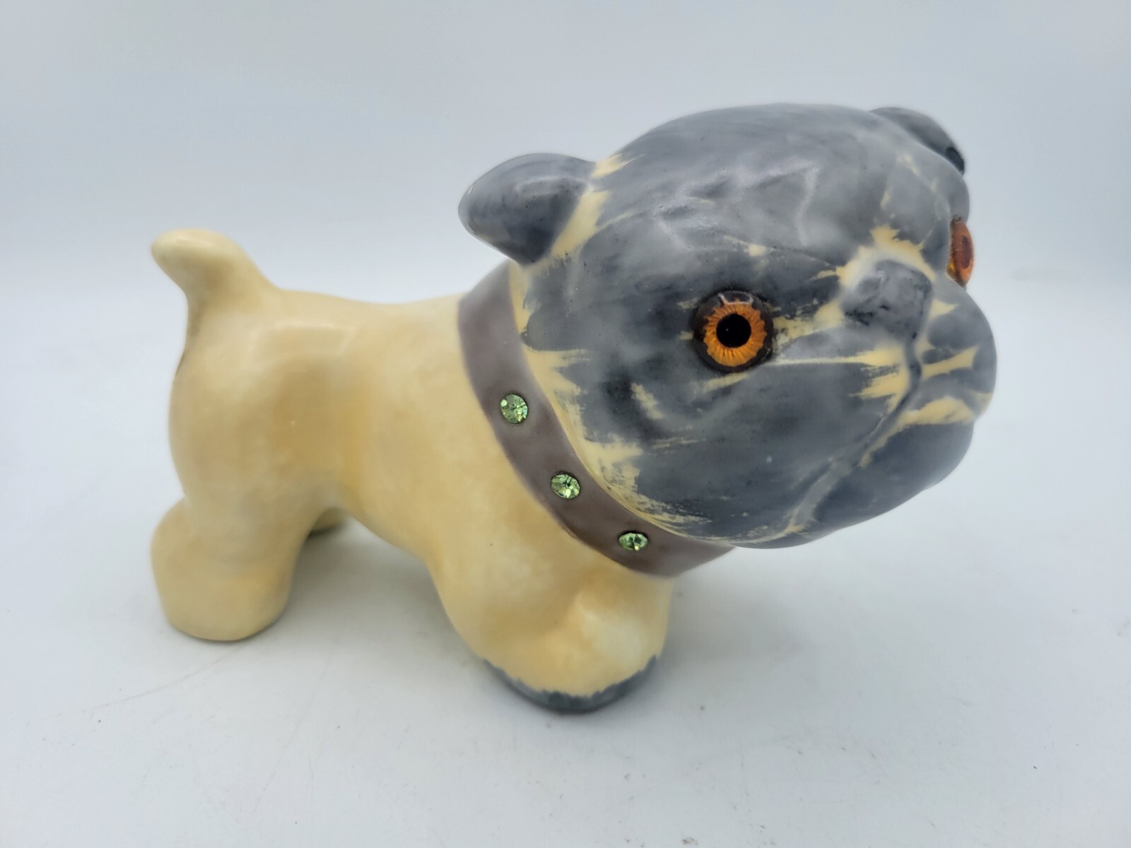 Vintage California USA Pottery Bulldog Figurine Jeweled Collar And Eyes