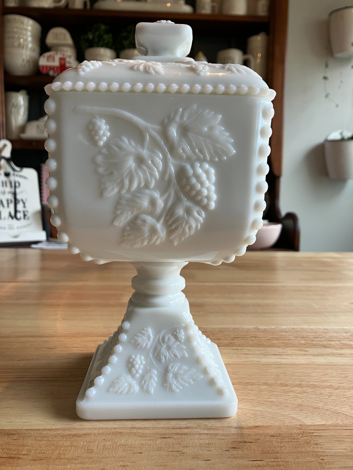 Vintage Westmoreland White Milk Glass Beaded Edge Wedding Pedestal Compote w Lid