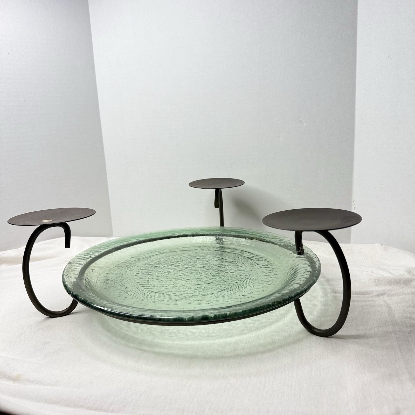 Tuscan Vintage 17″ Mexican Blown Green Glass Platter Iron Candle Centerpiece