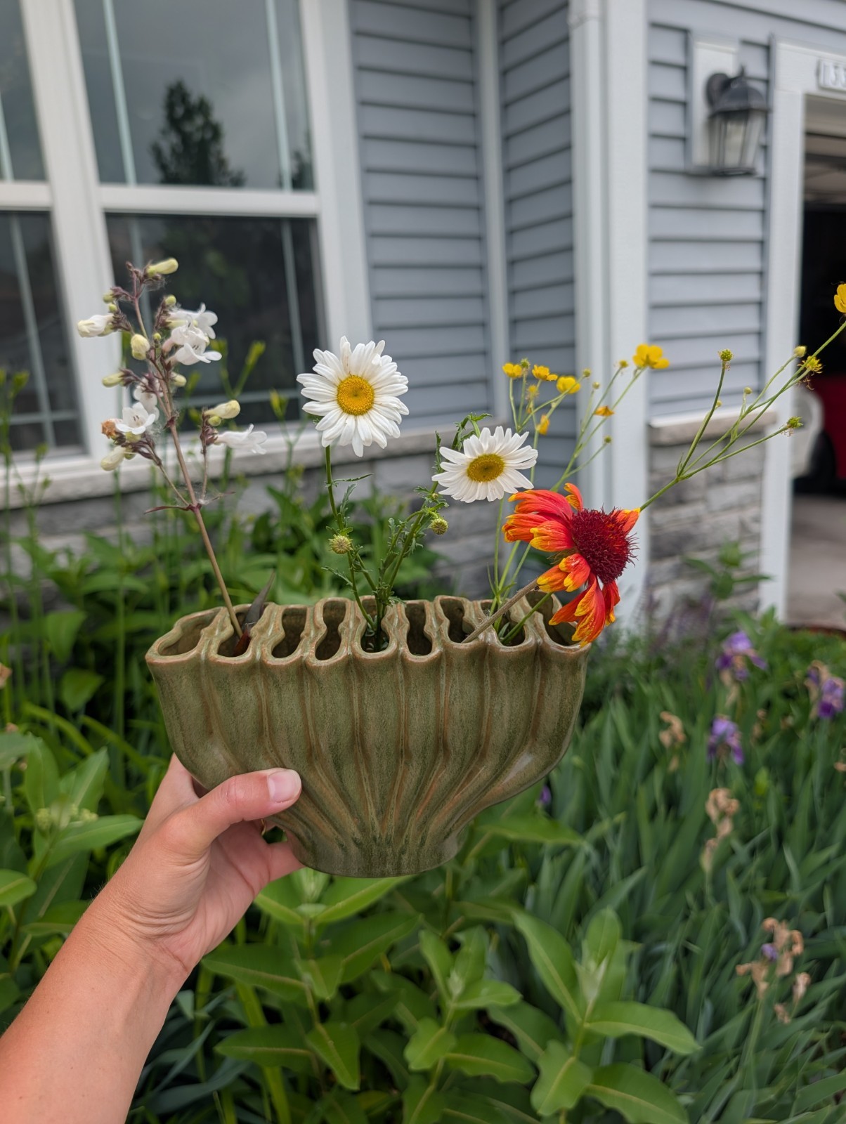 Art Pottery Vase | Green Ceramic Multi-Opening Bud Flower Holder, 70s Style