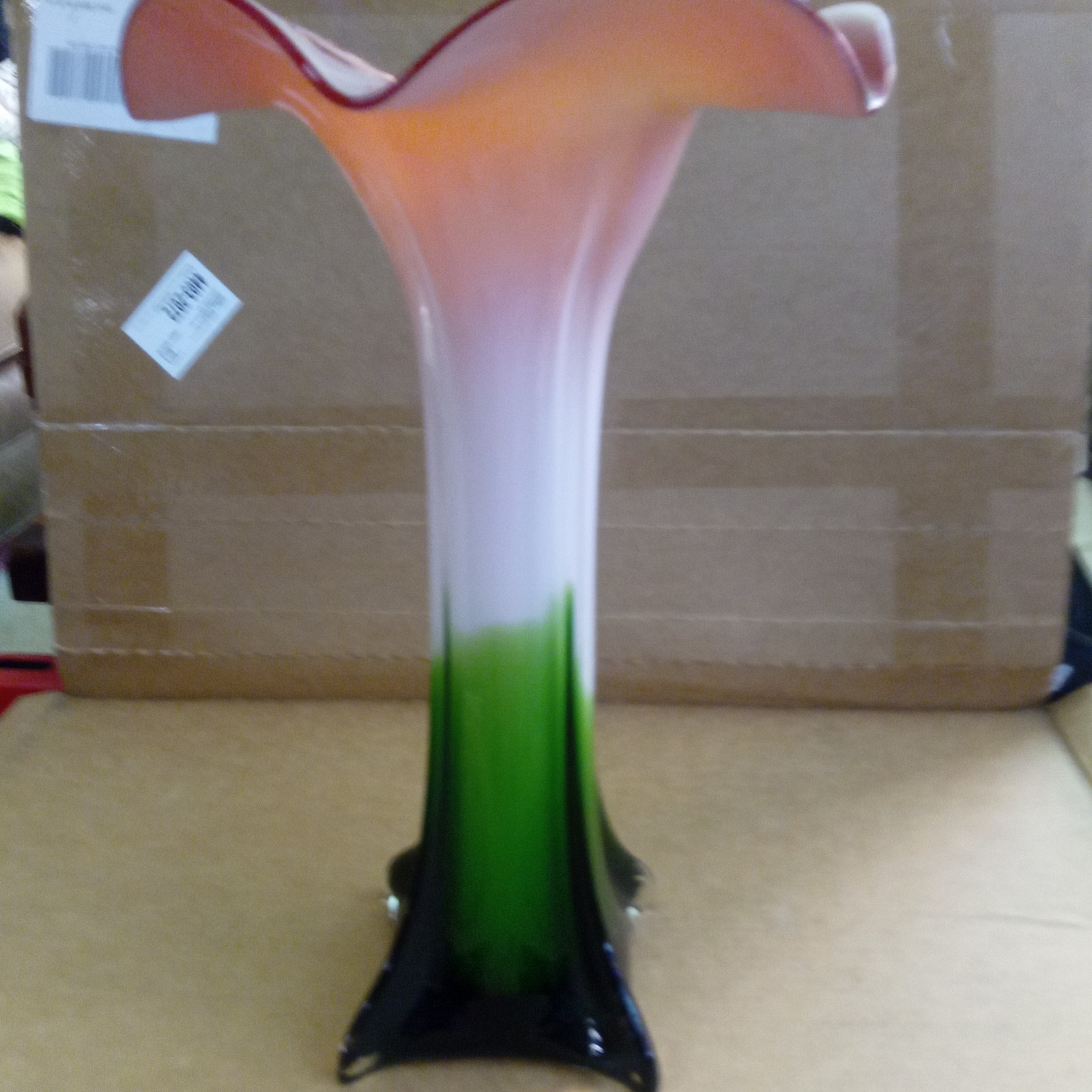 Hand Blown Art Glass Trumpet Vase Ombre Green White Orange Red Glossy Finish