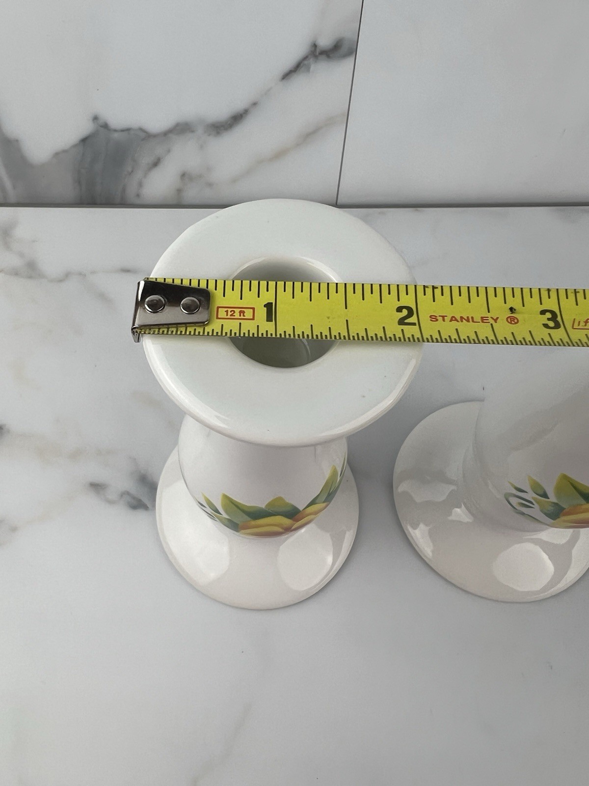 Vintage White Porcelain with Yellow Flowers Candle Stick Holders 6” Set Of 2