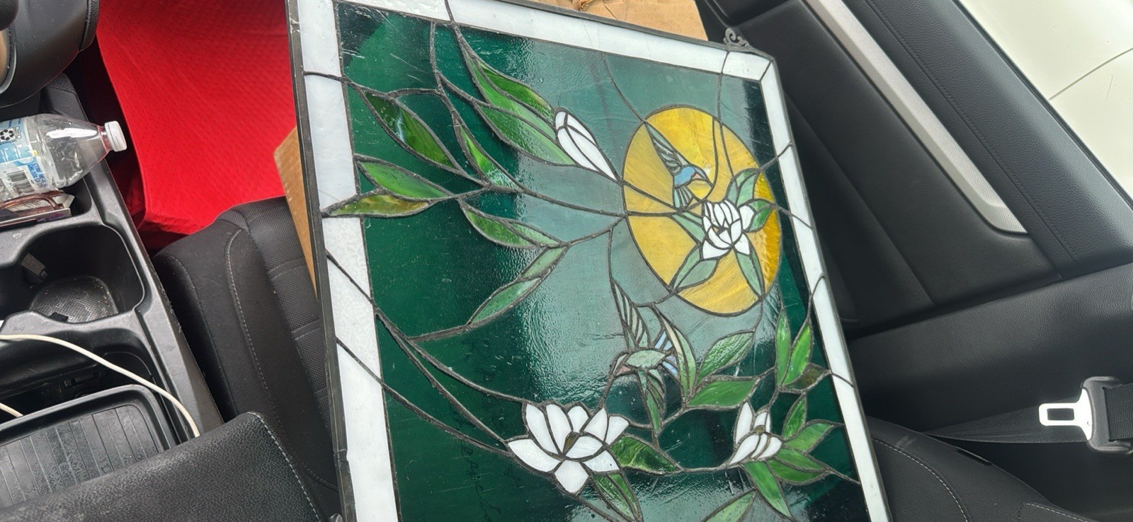 Stained Glass Window Panel Bird and Flowers Decorative Green Yellow Floral