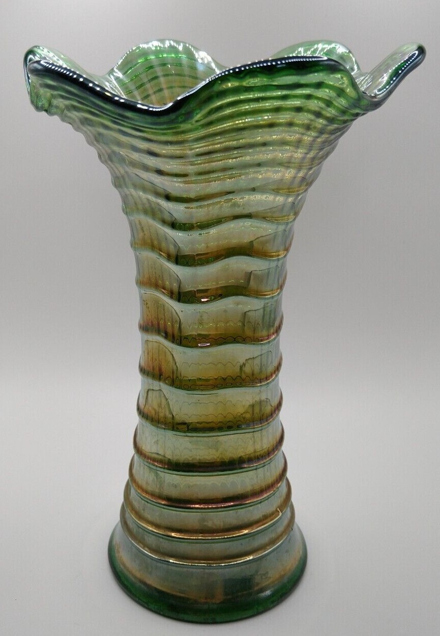 Vintage Imperial Ripple Green Ruffle Top Carnival Glass Vase 7.75″ Tall