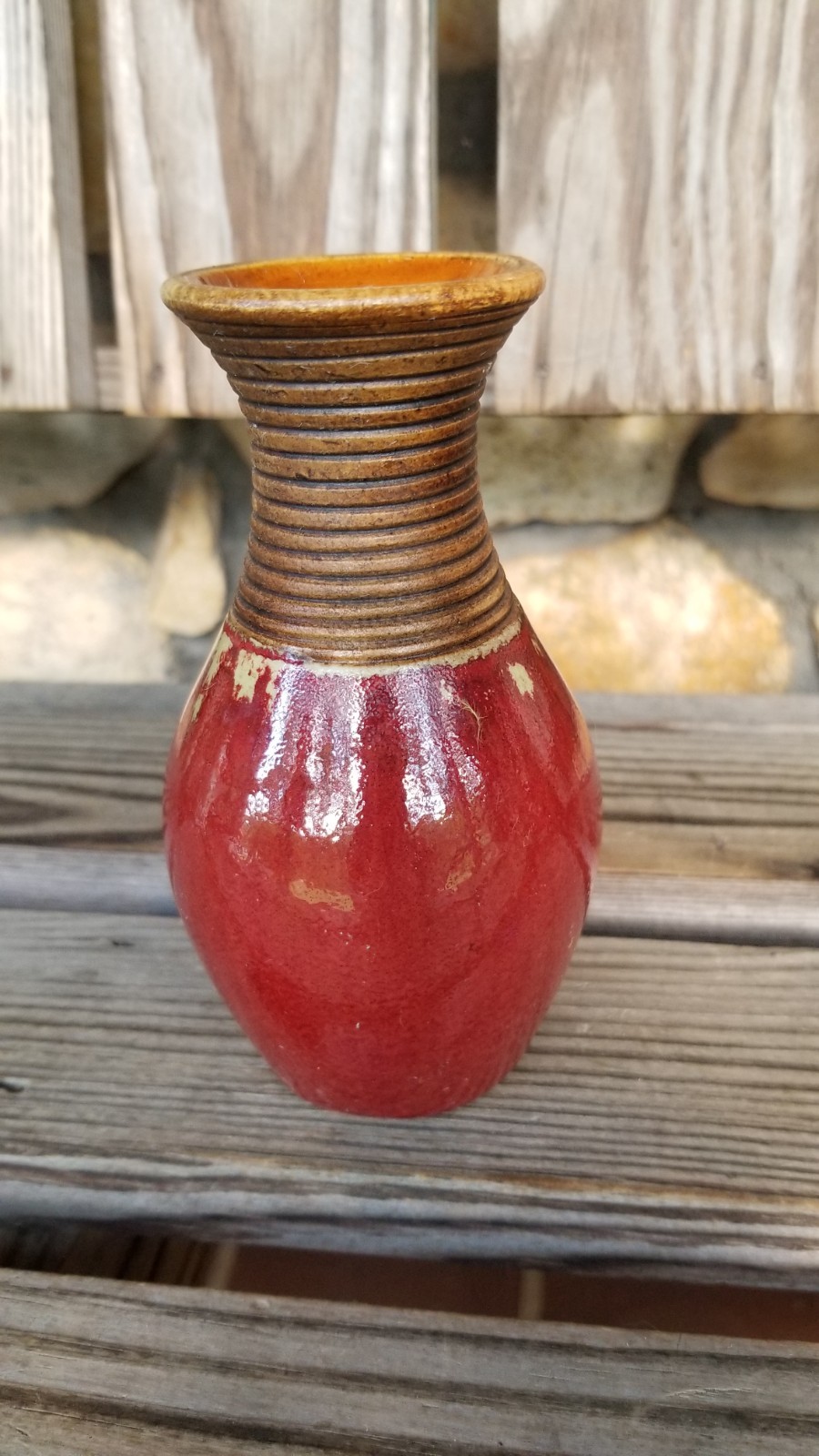 5.5″ Pottery + Wood Vase Vintage w/Red Fabric Dahlia Autumn Thanksgiving Decor