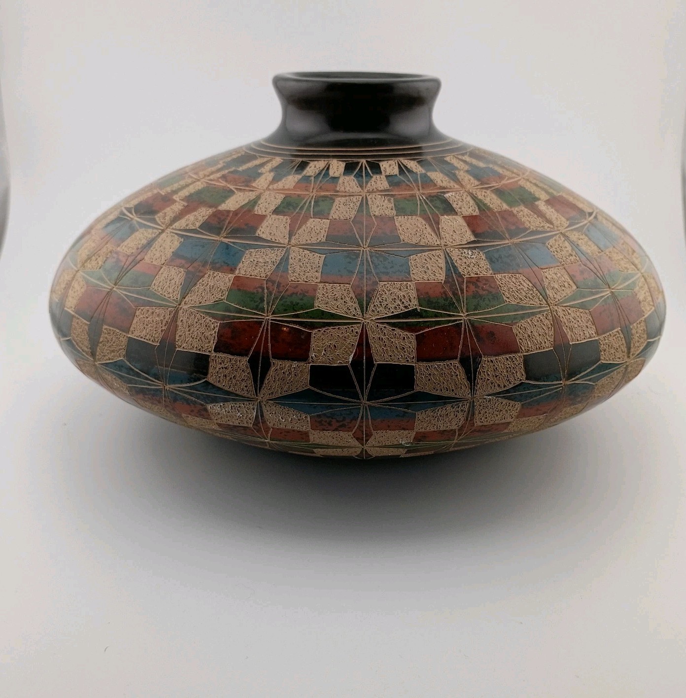 MULTI COLORED ETCHED GLAZED POTTERY VASE Brown Blue Green Red Geometric VTG