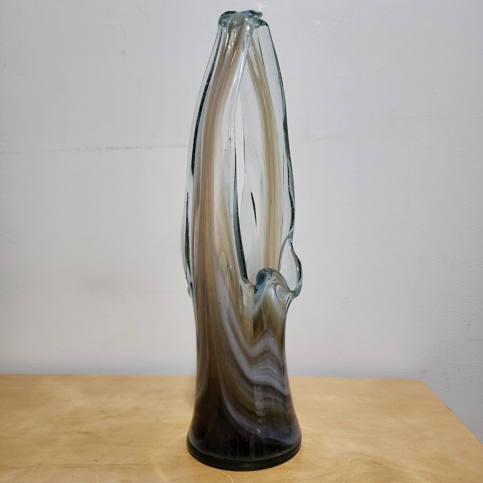 Vintage MCM Hand Blown Pulled Art Glass Basket Vase Swirl Pontil Chalet Murano
