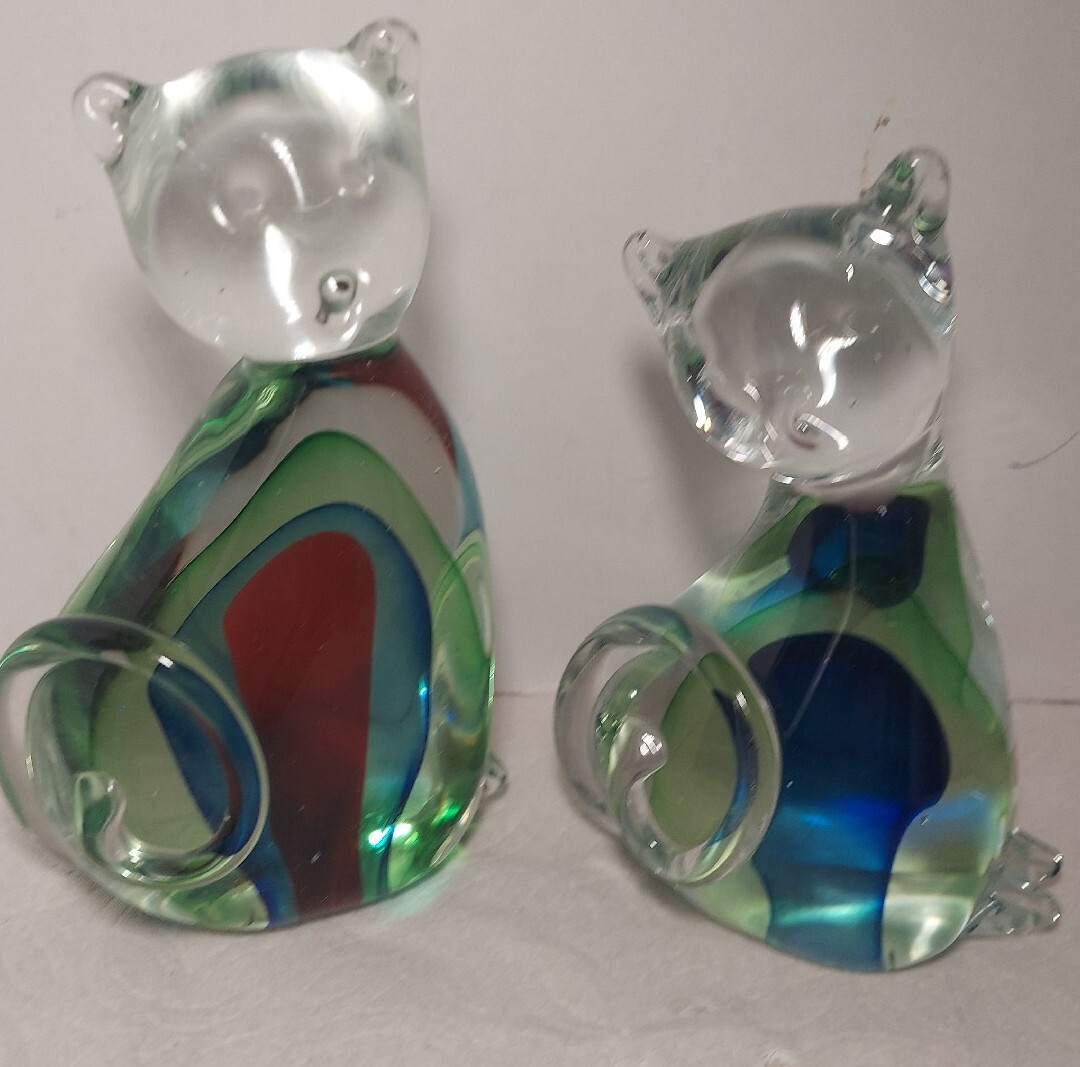 Art Glass Murano Style Cats 2 8″×6 & 7″×6″ Heavy Almont 8 Lbs Combined.