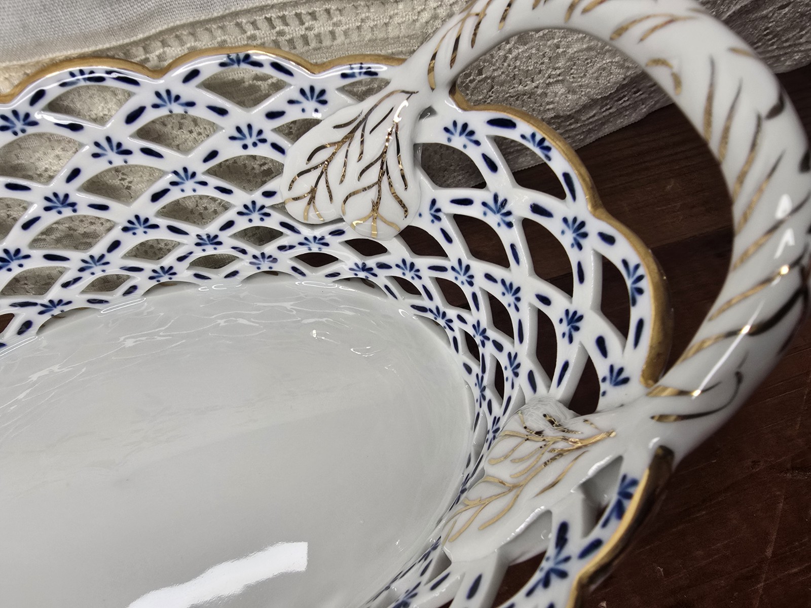 White Weave Basket With Blue Florals And Gold Accent Andrea By Sadek Decor