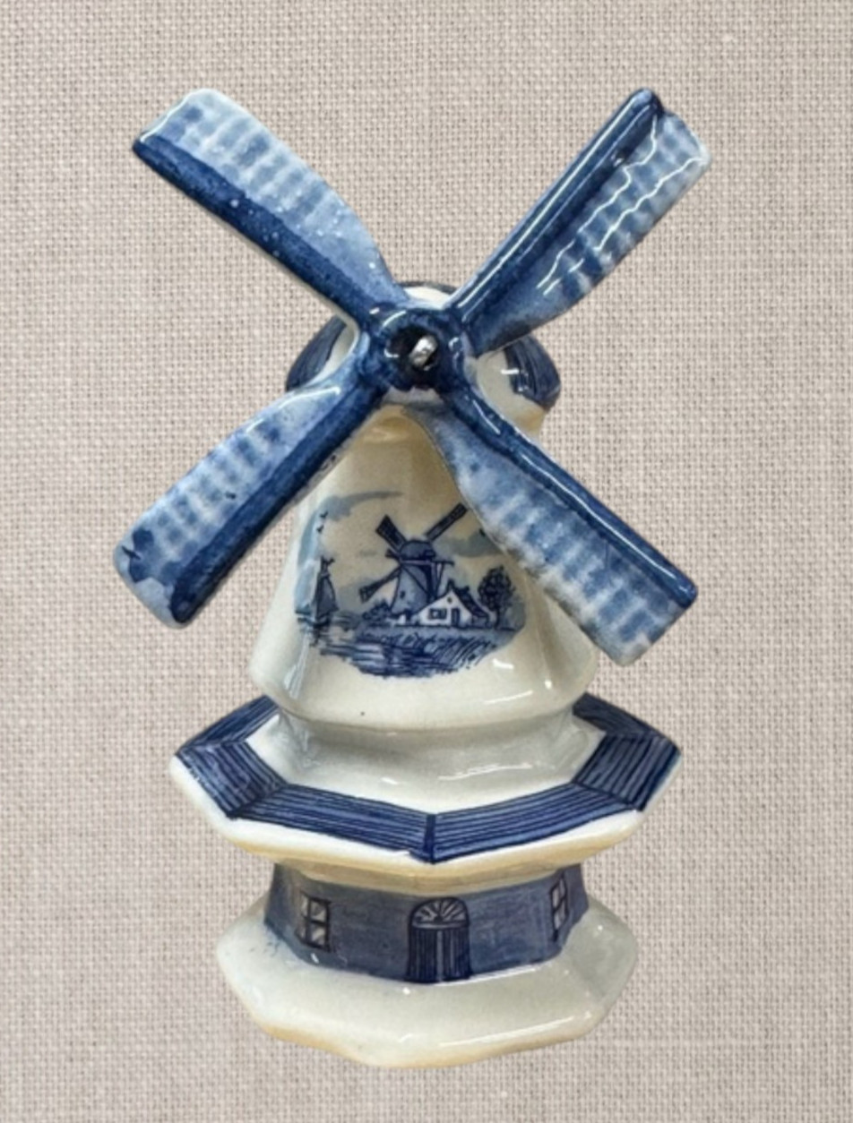 Vintage Delft Holland Hand Painted Blue & White Ceramic Floral Windmill 5″