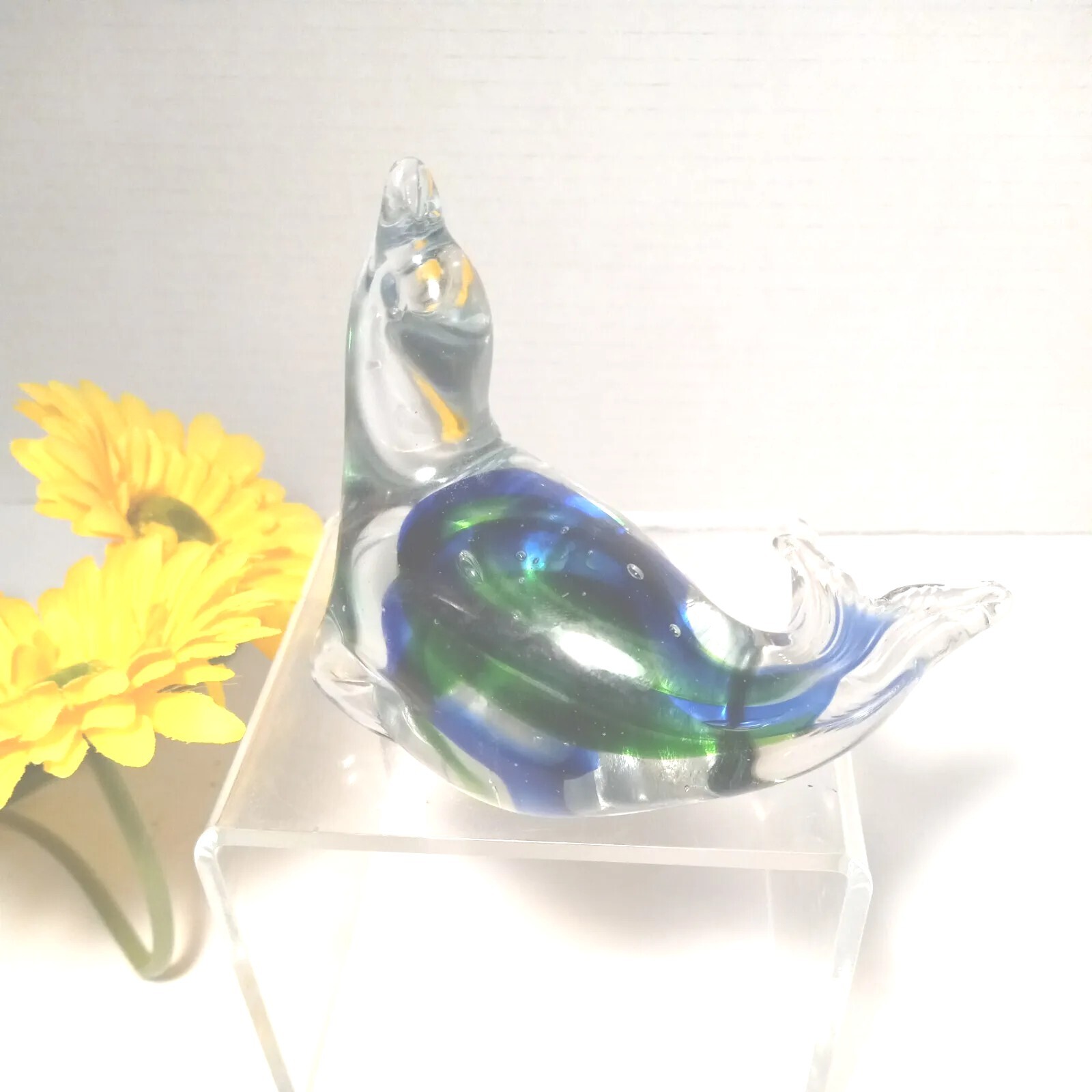 Vitage Murano Style Handblown Glass Seal Paperweight Blue Green Clear 3½”x4″