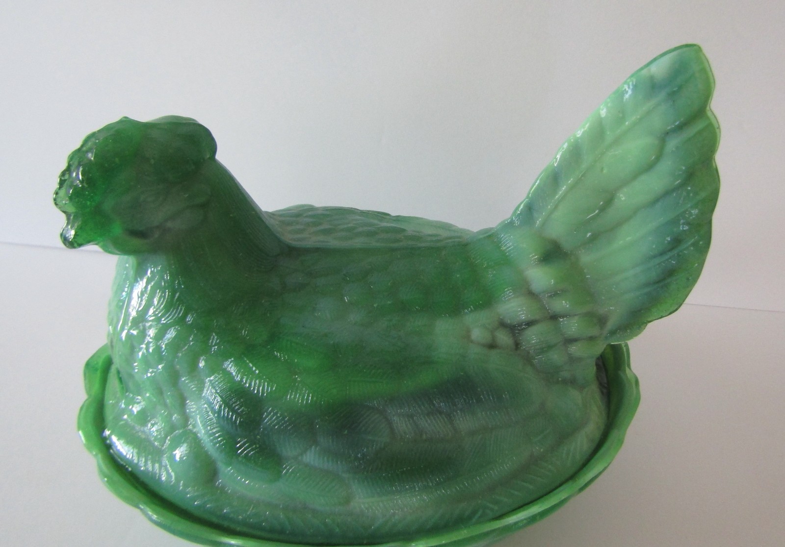Unbranded Green Slag Glass Hen on a Basket Covered Candy Dish