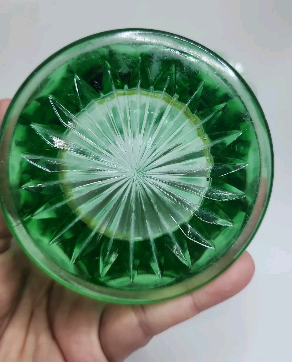 Vintage Green Depression Glass Basket Vase Etched Flower Design 9.5″