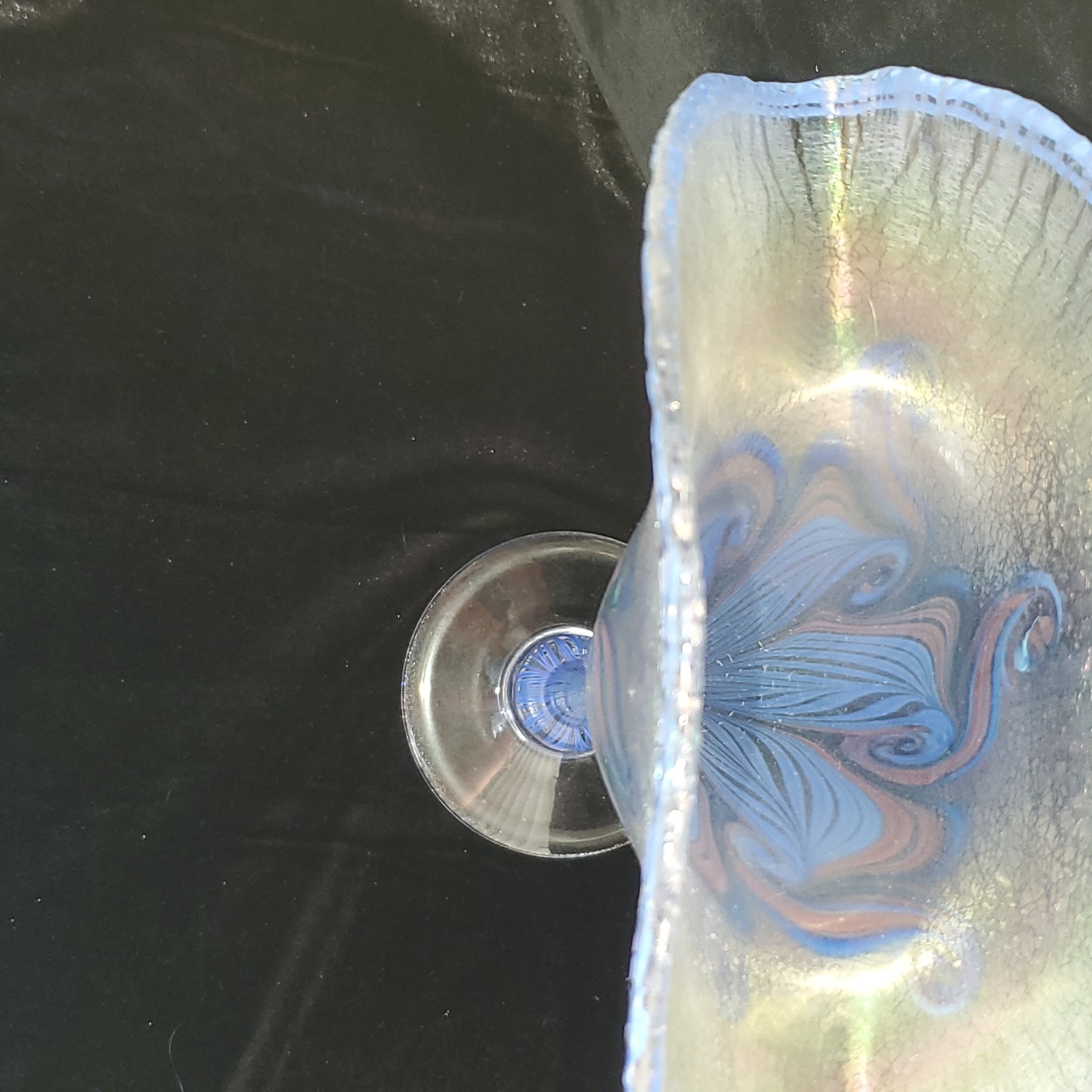 Vandermark Signed Blue Iridescent Art Glass Fan Vase w/ Pedestal Base. 13 3/4 in