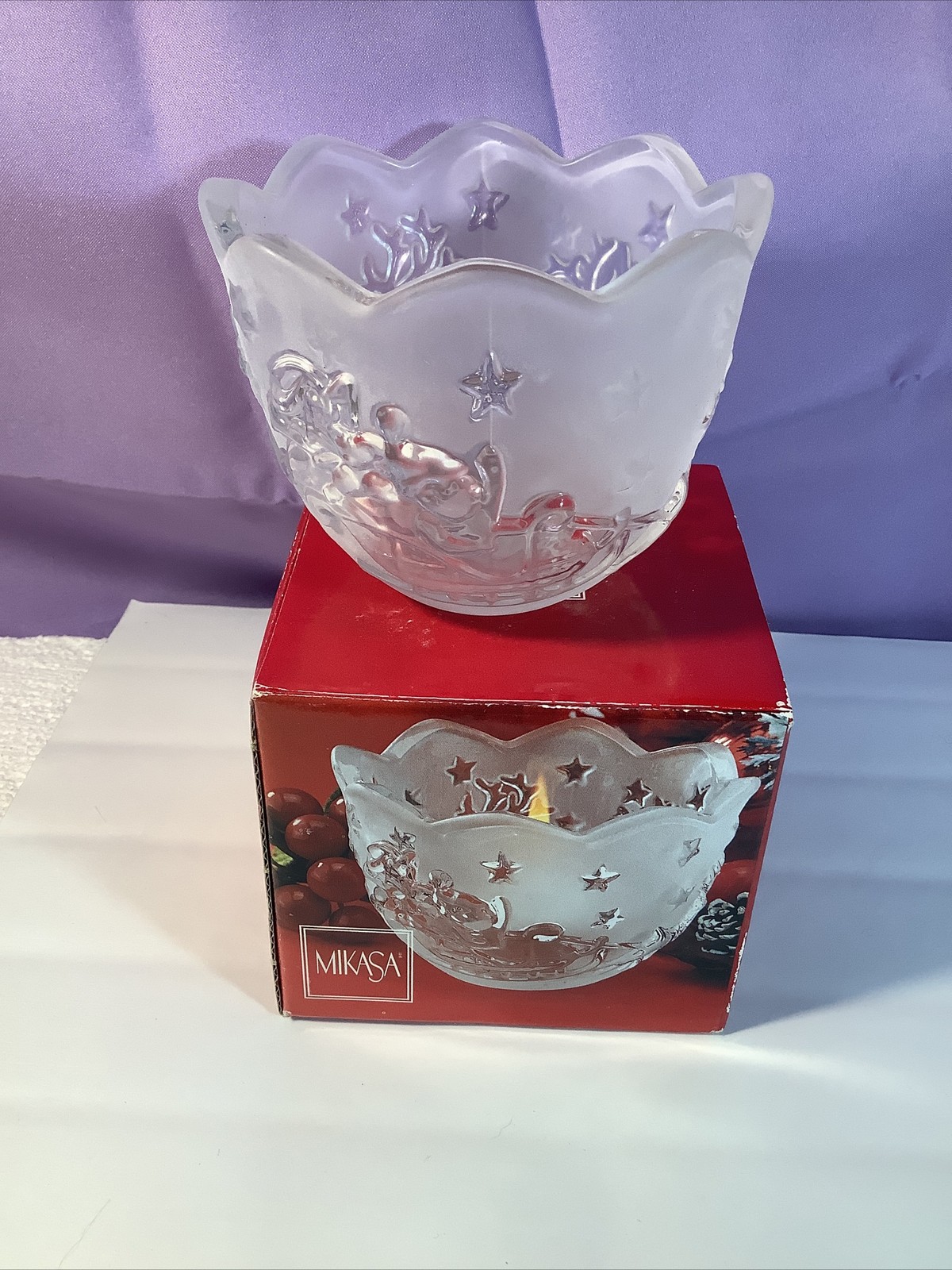Mikasa Holiday Lights Votive Candle Holder Silent Night Santa Frosted Crystal