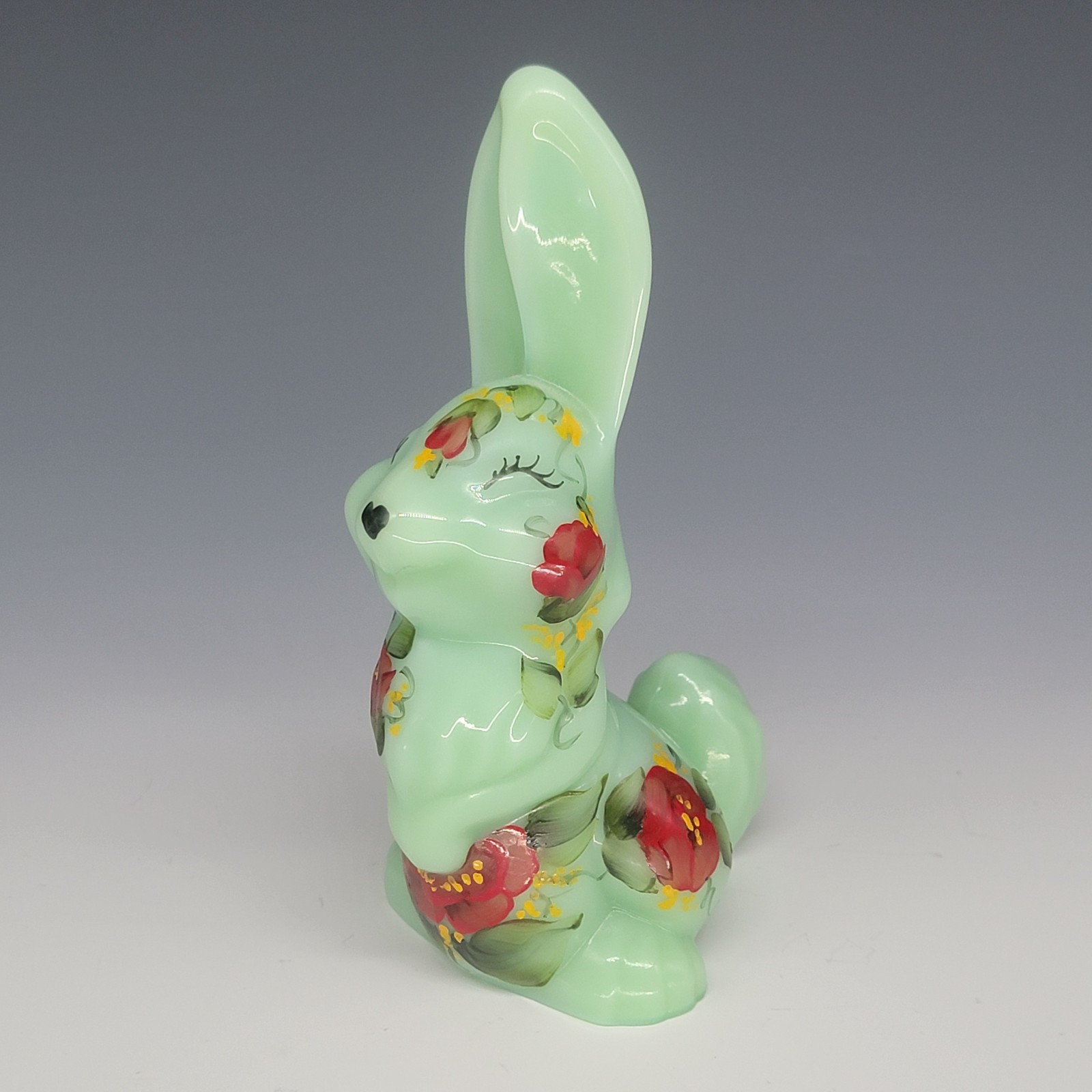 Vintage MOSSER Glass Jadeite Jade Green Thumper Rabbit Hand Painted Signed 6.5”