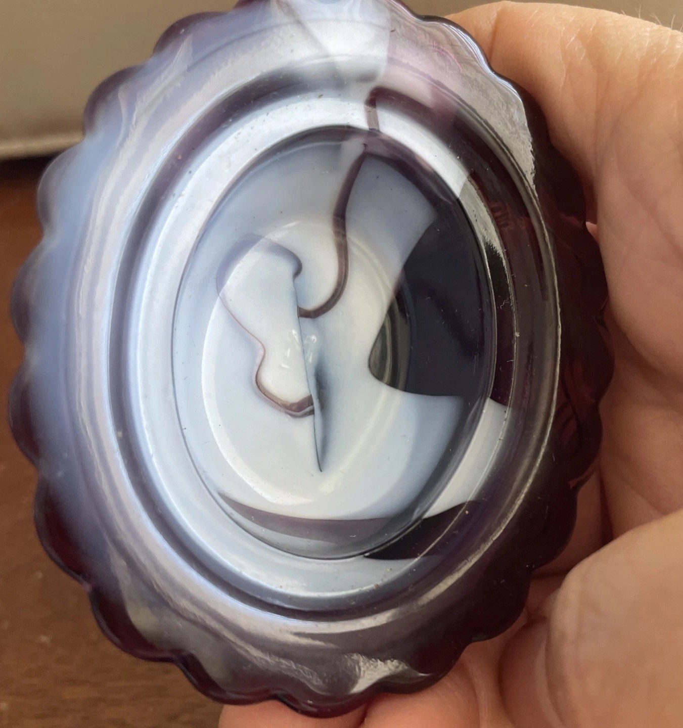 Mosser Amethyst Hen on Nest Mini Purple & White Blue Slag Glass Salt Cellar 2.5″