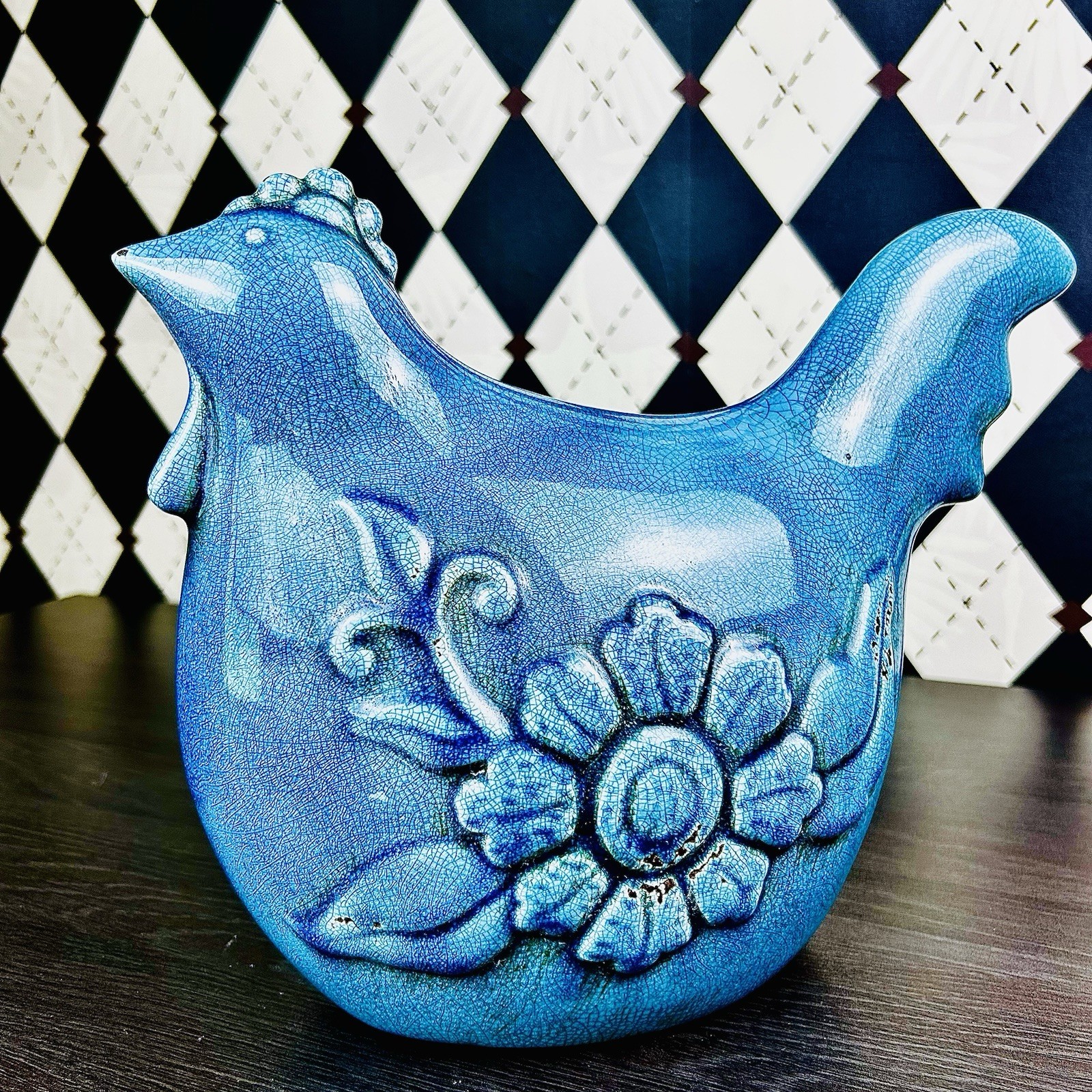 Large Danish Midcentury 13″ Ceramic Hen 1960s Turquoise Crackle Glaze Sculpture