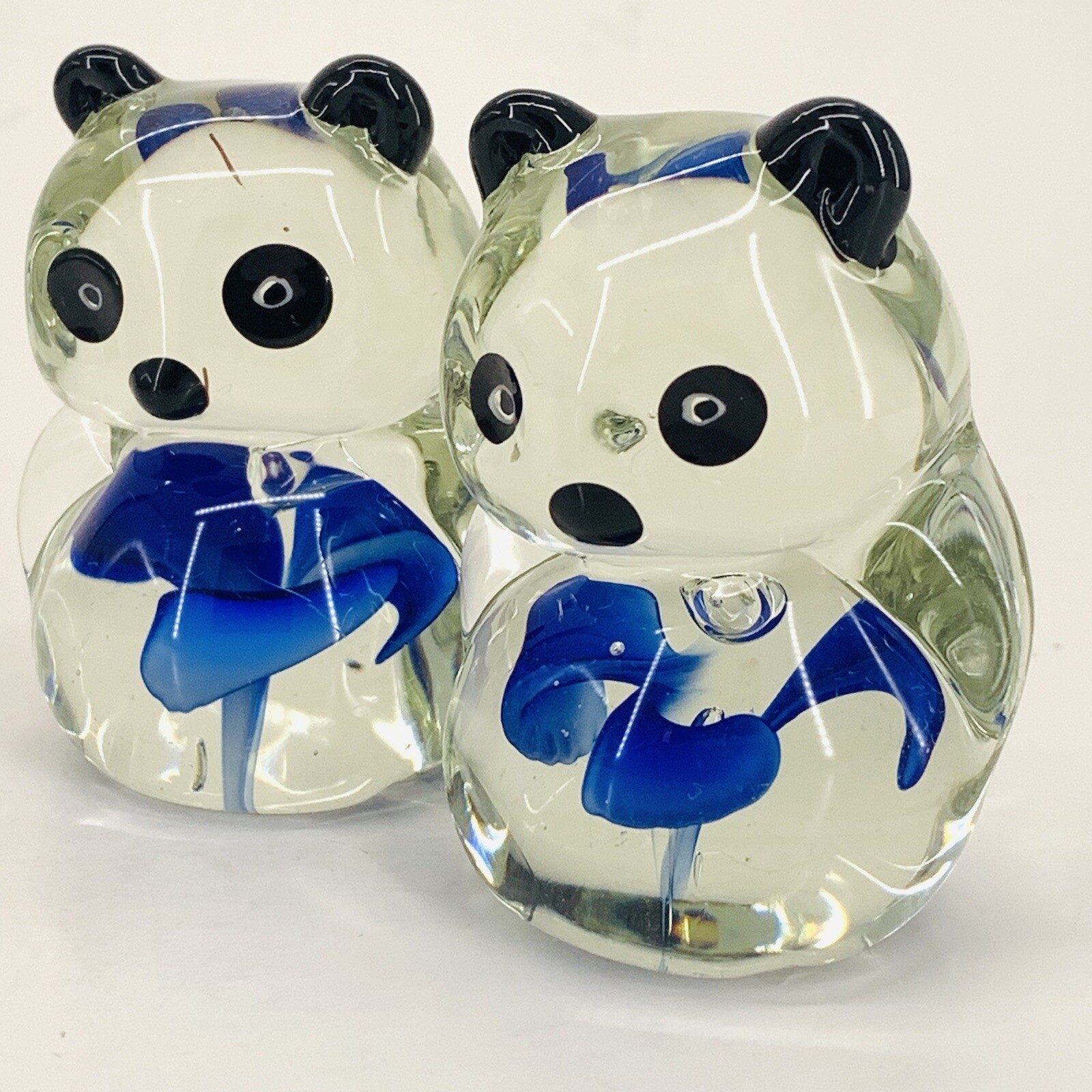 Panda Bears Set 2 Glass Paperweights Clear With Blue Swirl in Belly 2.25” Tall