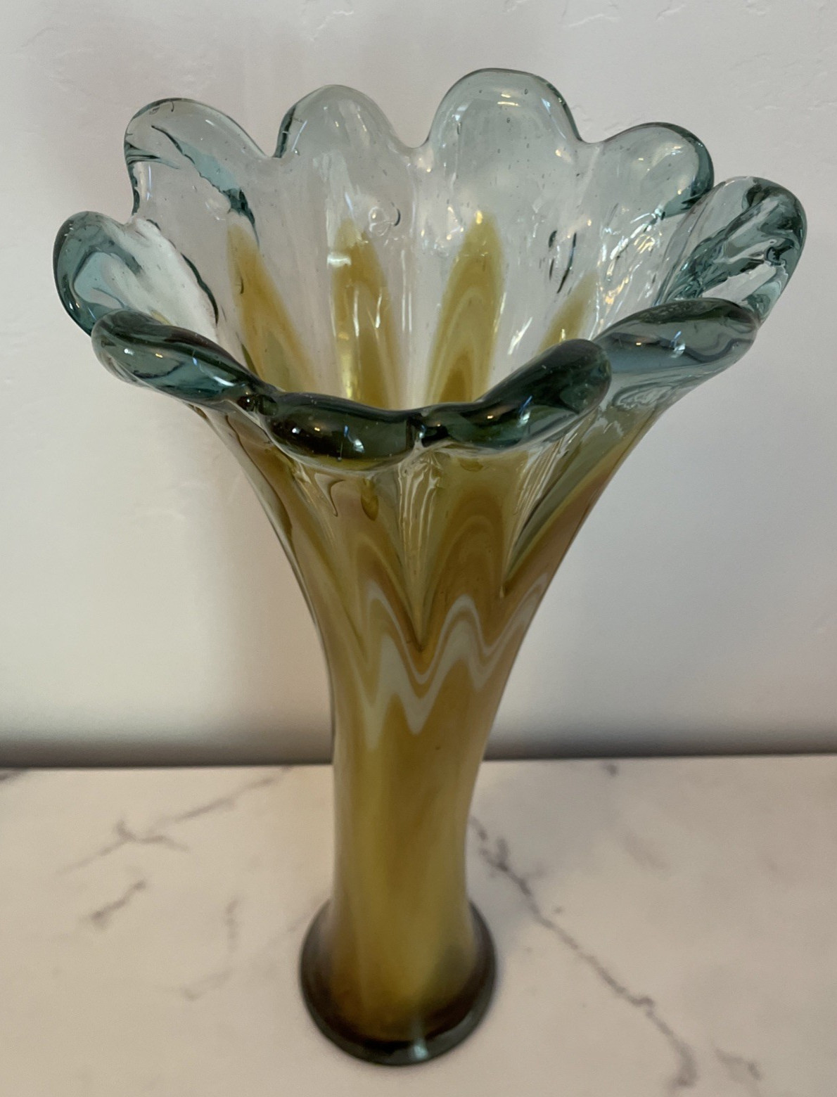Murano Style Blown Art Glass Vase Venetian Collection Amber Scalloped Top 17″