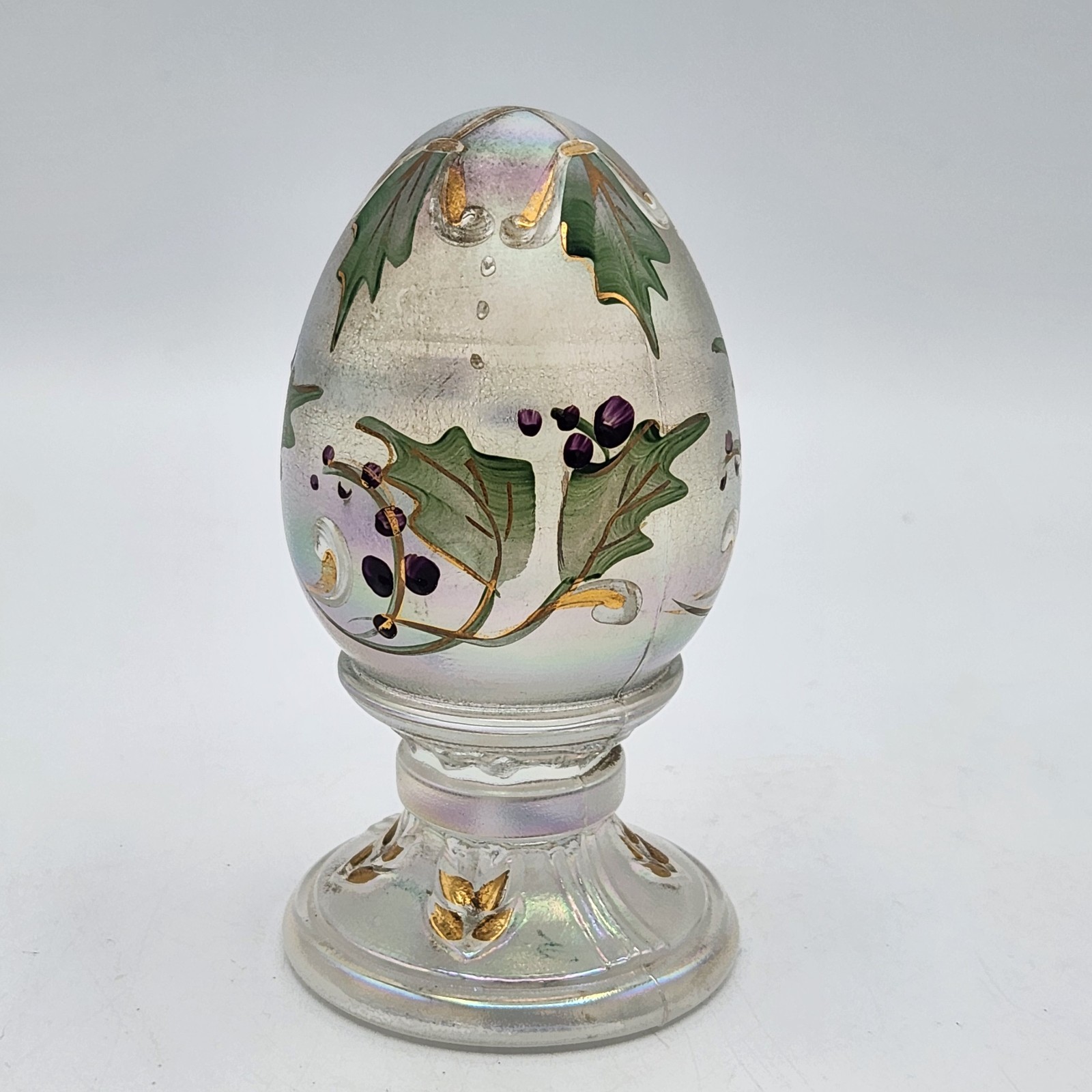 Fenton Glass Egg on Pedestal Purple Berries Iridescent Signed S. Miller No. 1176
