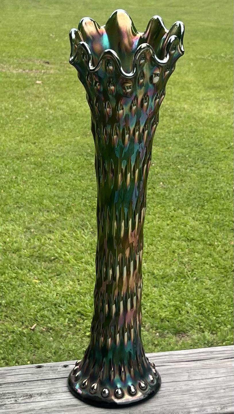 Vintage Fenton Green Carnival Glass Rustic 16” Vase Iridescent Swung