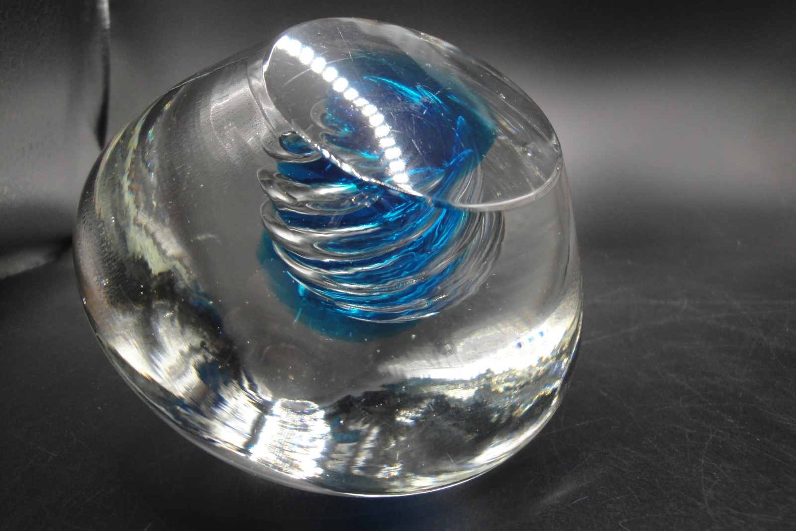 Vintage Hand Blown Studio Art Glass Swirled Paperweight, Encased Blue, U.S.A.